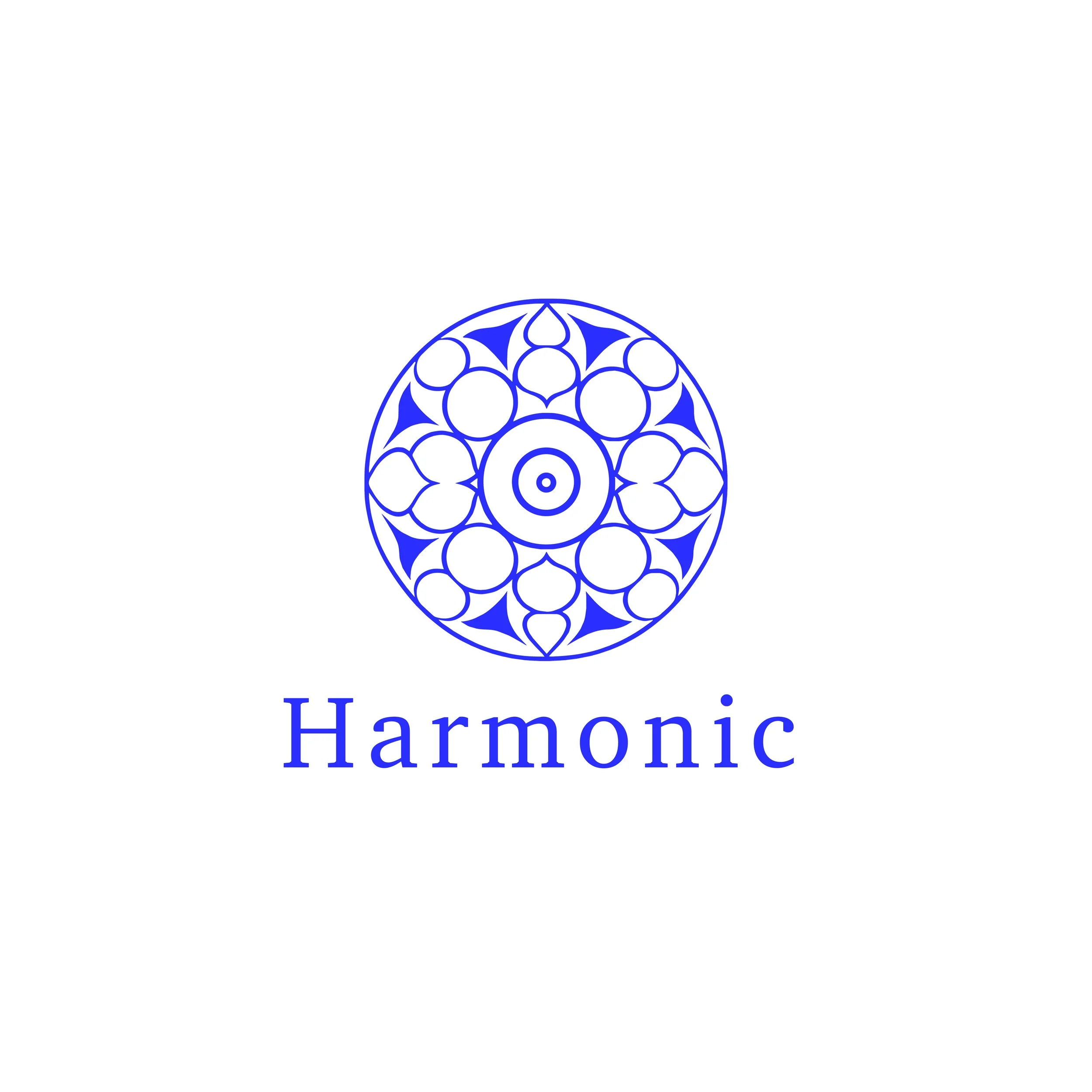 A logo featuring a blue intricate, symmetrical geometric pattern above the words 'Harmonic' in blue text.