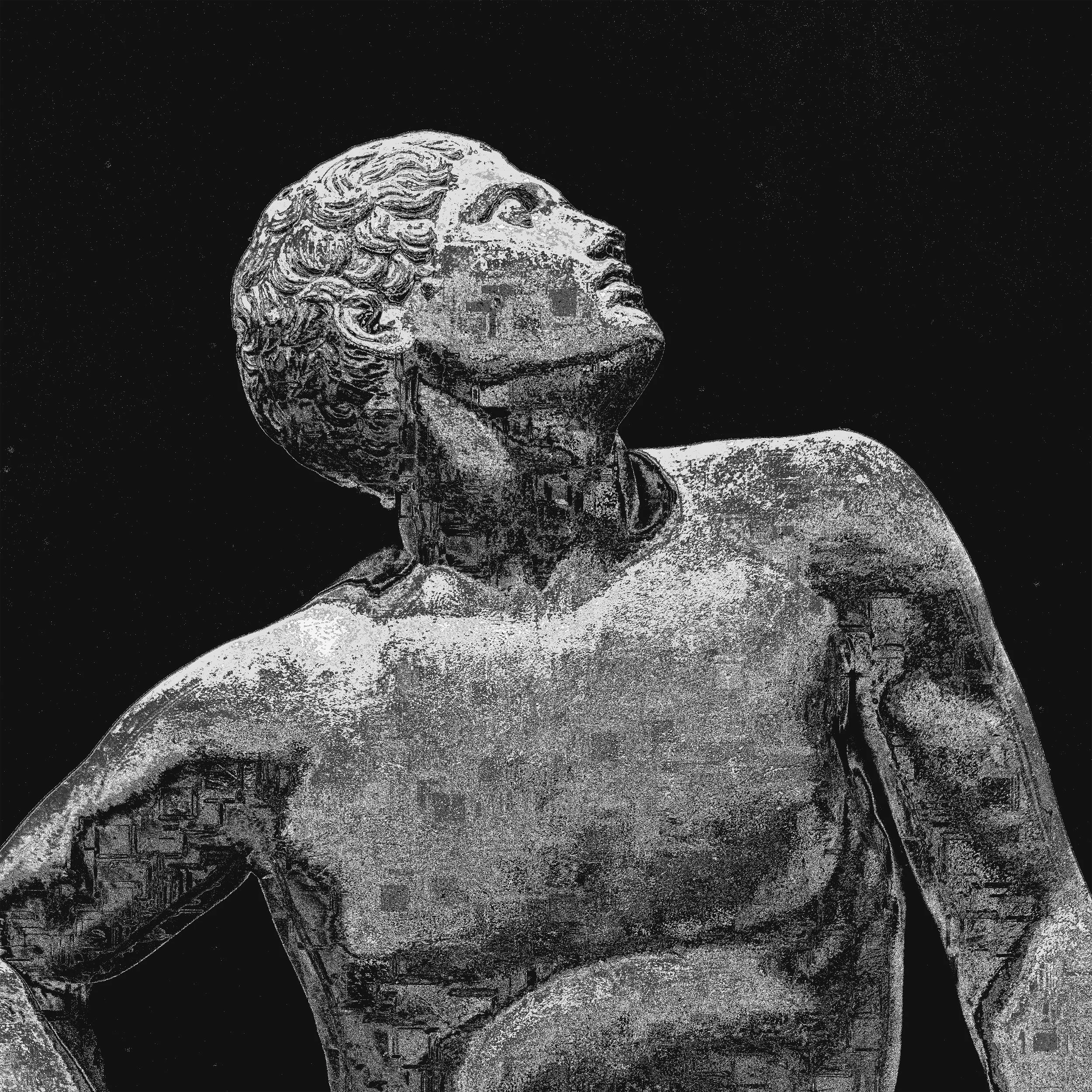 A black and white illustration of a classical sculpture or bust of a woman with wavy hair, looking towards the right, set against a starry or speckled background.