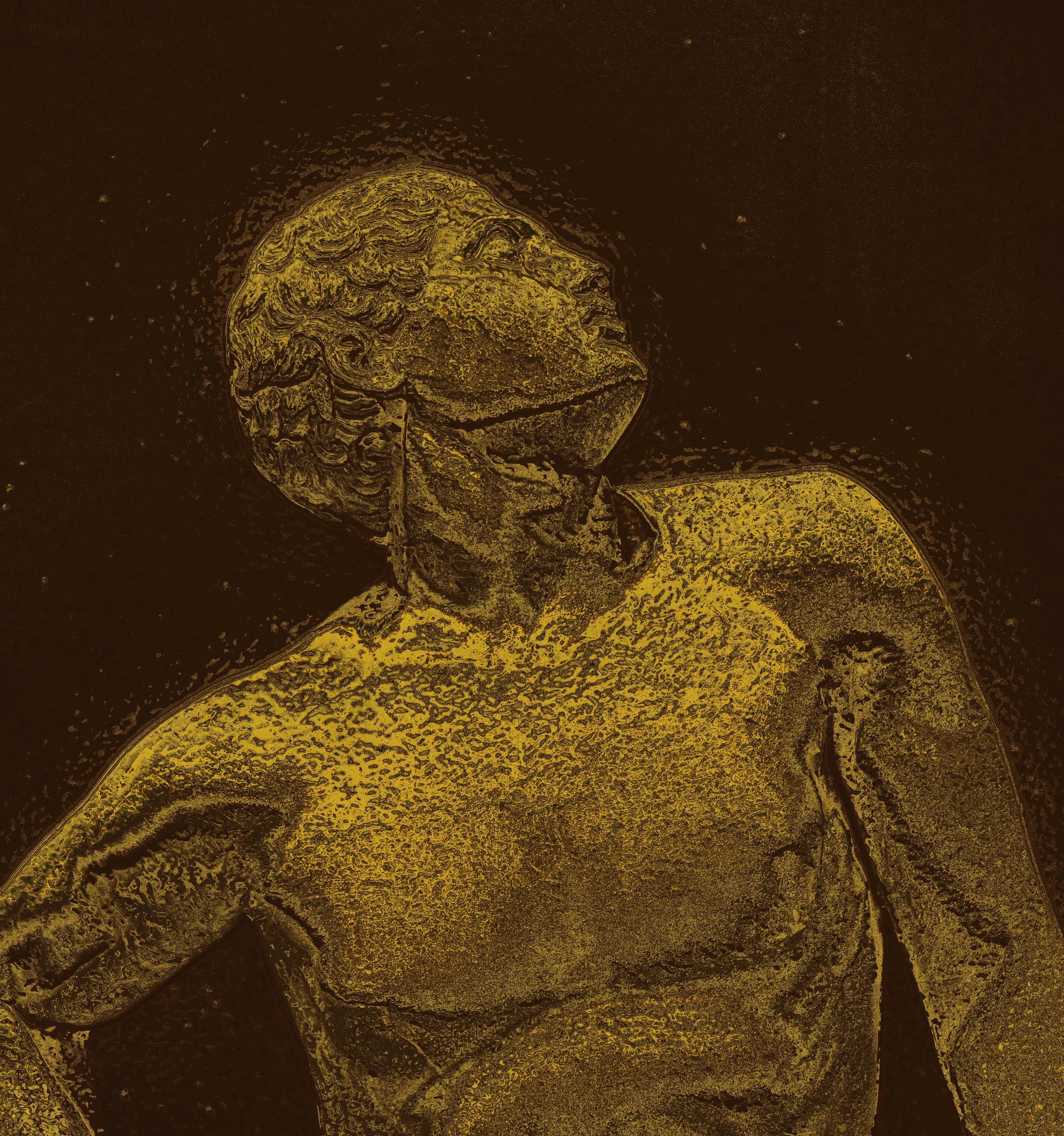 Close-up of a gold-colored coin with an embossed profile of a person wearing a crown or headdress, set against a dark background with a textured surface.