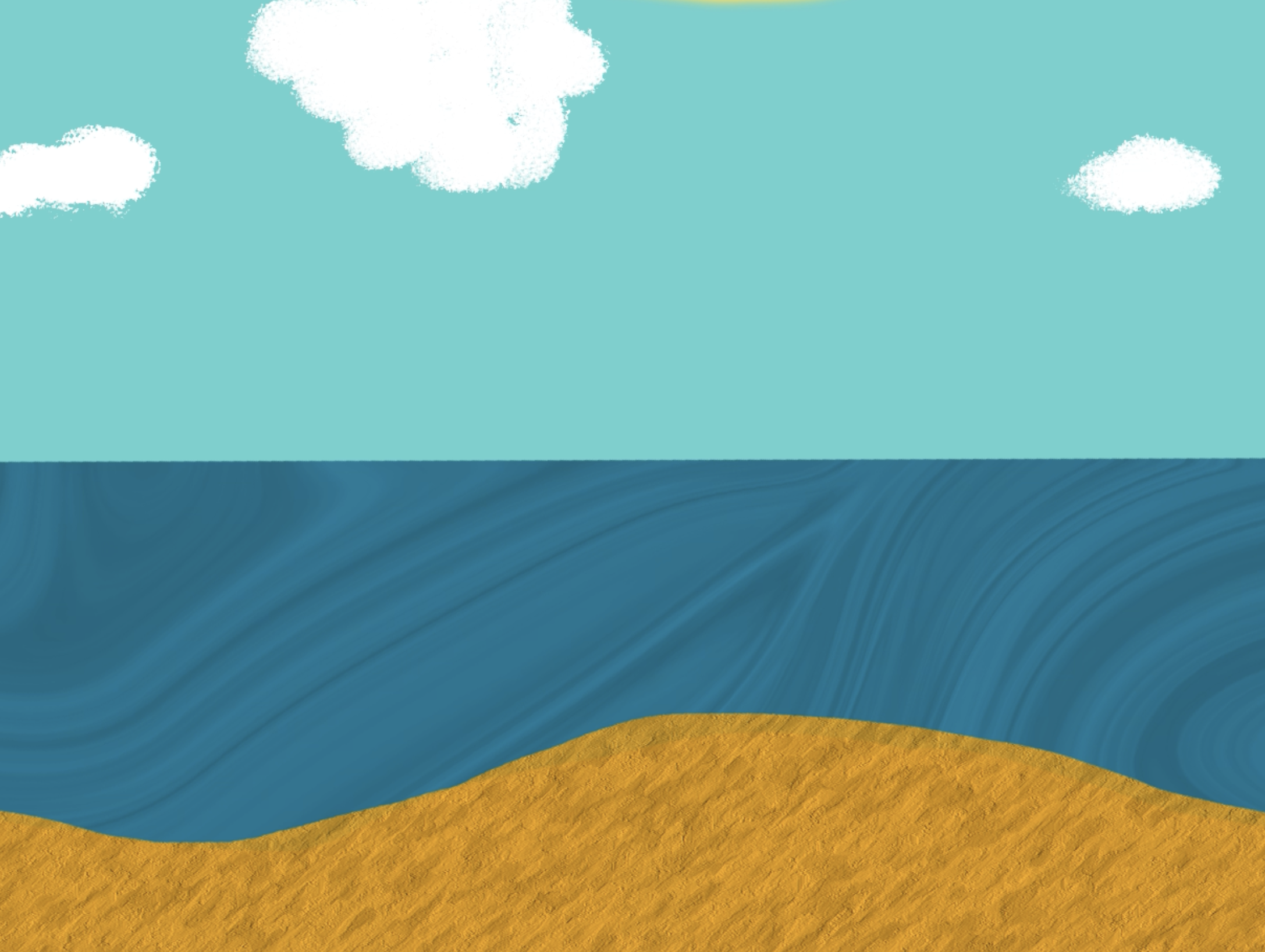 Abstract digital art featuring a bright yellow hill in the foreground, a swirling blue sky, and a large, fluffy white cloud in the sky.