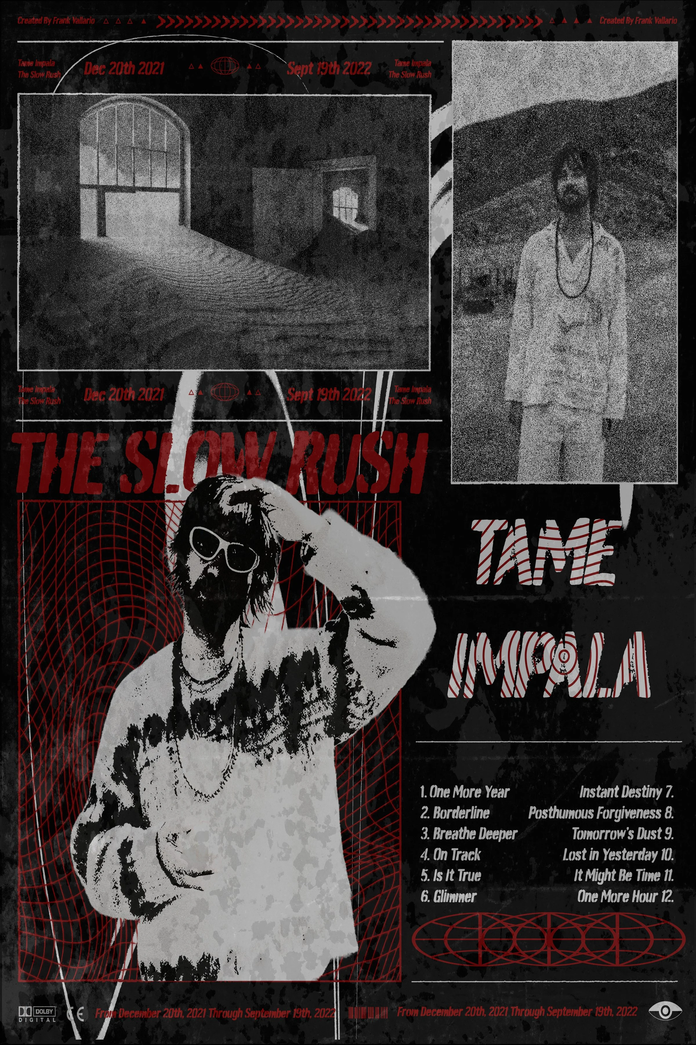 Grayscale poster for the music release 'The Slow Rush' by Tame Impala featuring a stylized person wearing sunglasses and a necklace, with a background of grid patterns and mountains, and lists of song titles.