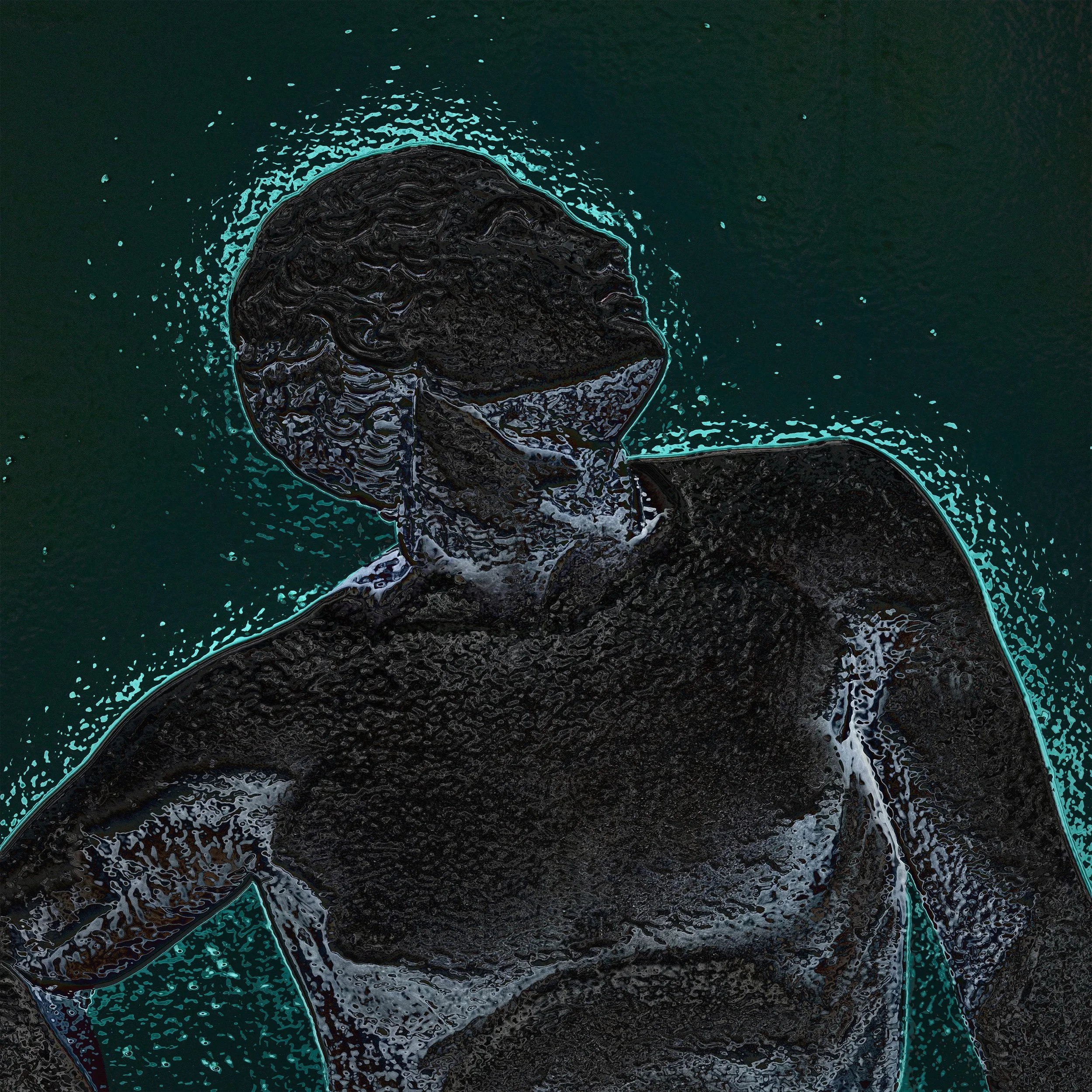 Close-up image of a dark, textured surface with vibrant, glowing, teal-blue outlines and splashes, resembling an abstract digital or sci-fi artifact.