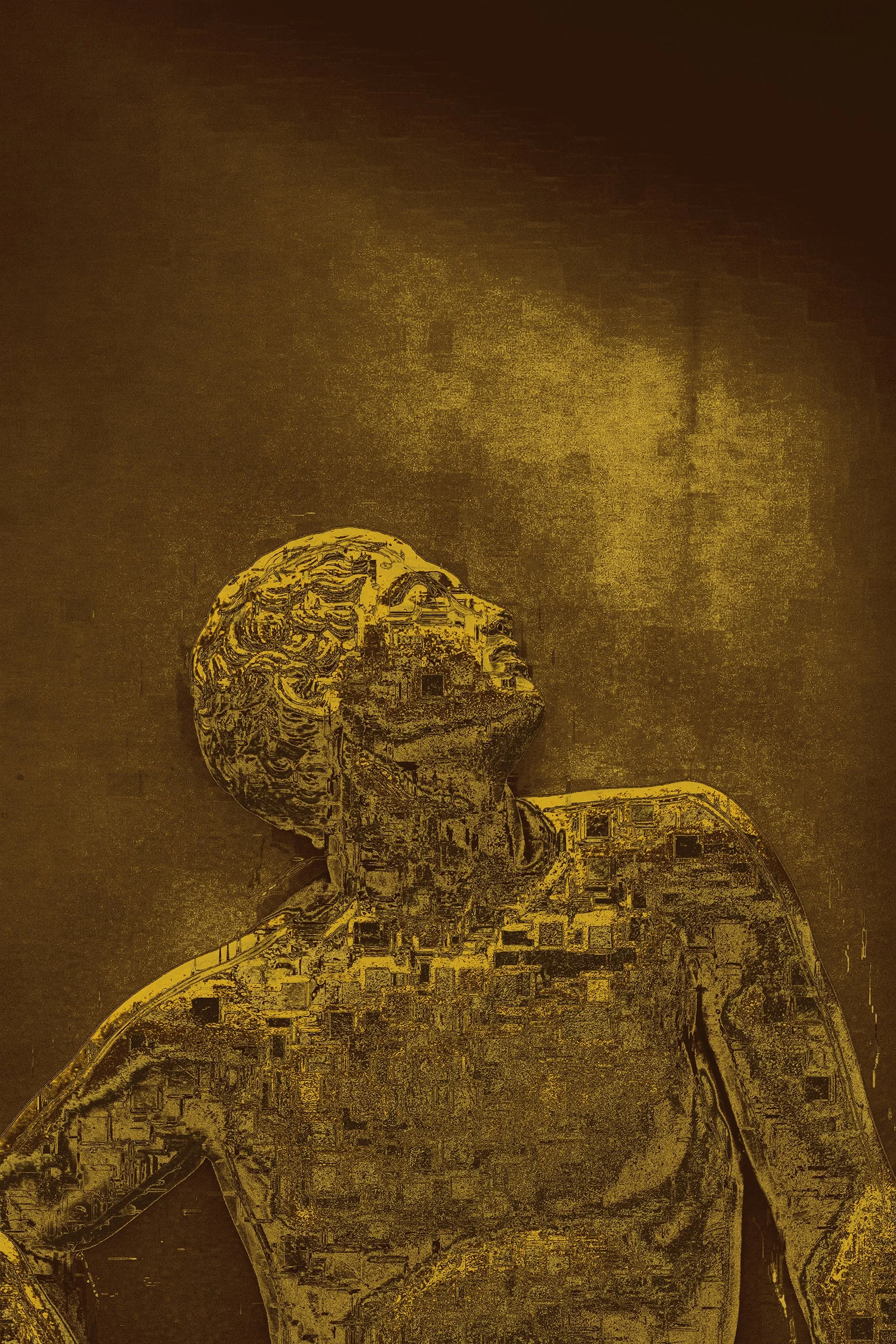 A stylized digital representation of a person with short curly hair, looking down or to the side, with a circuit-like pattern superimposed on their face and body, set against a dark gold background.