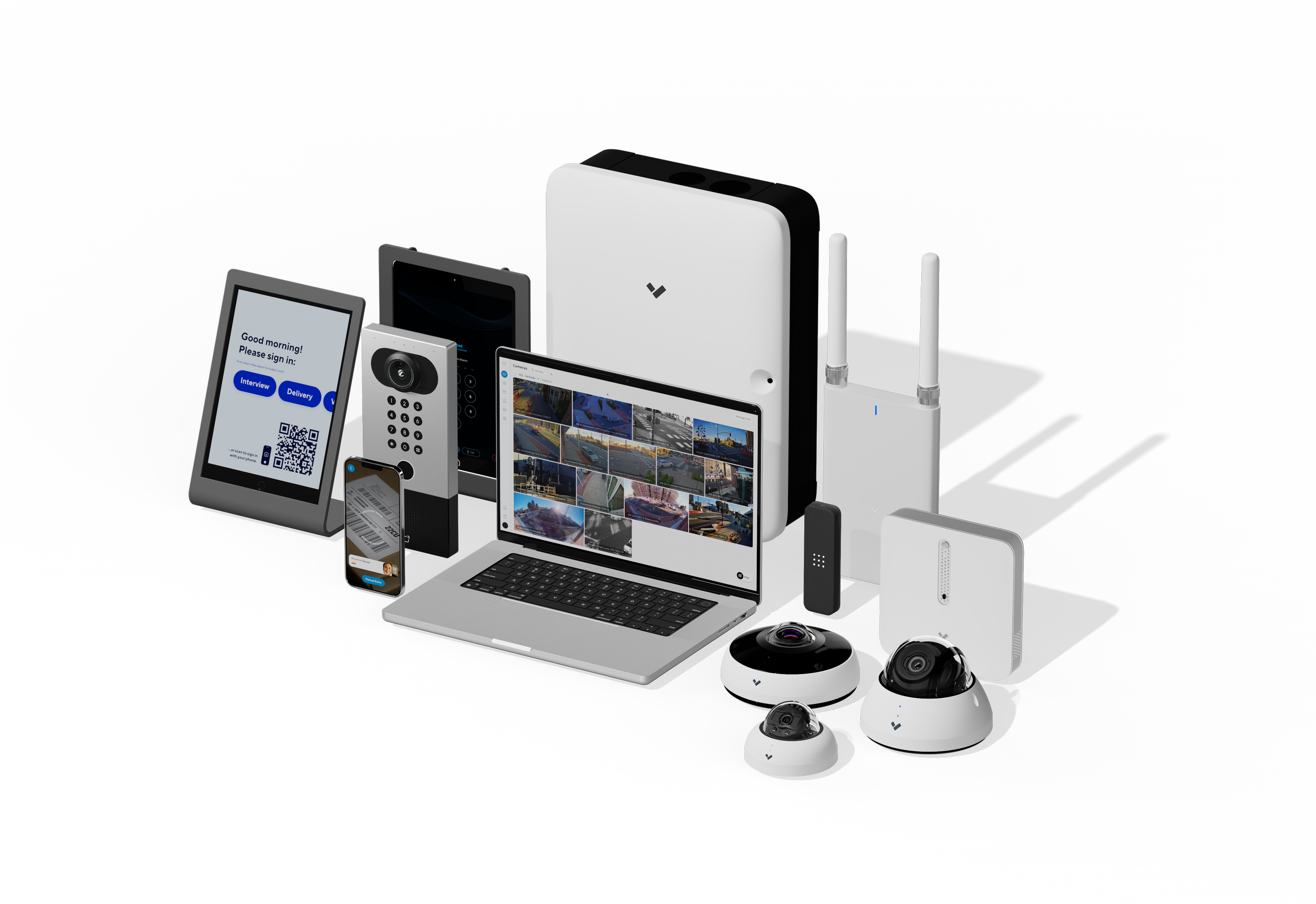 Collection of electronic devices including security cameras, tablets, smartphones, a laptop, a router, and a large central device, all set against a black background.