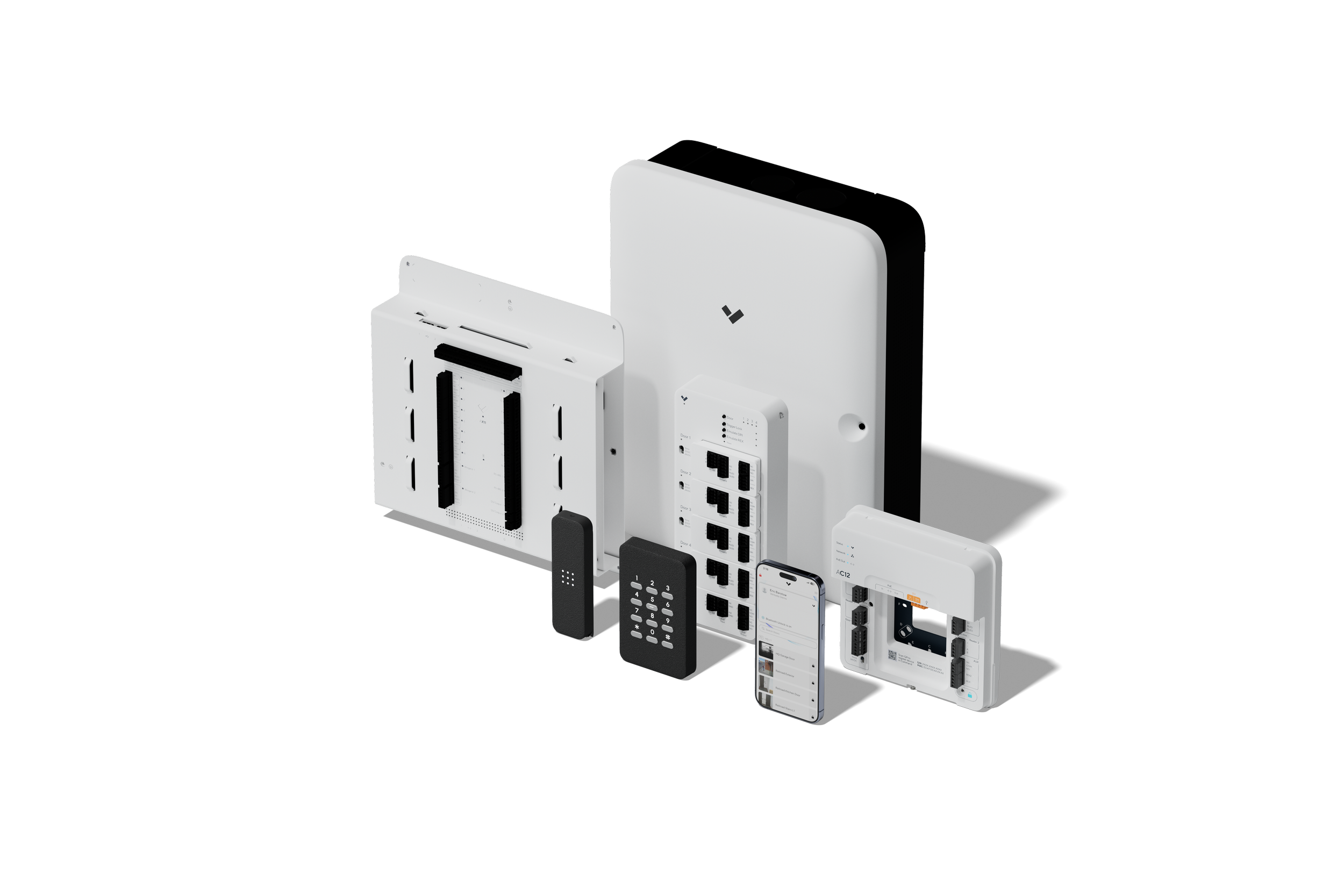 A collection of smart home and automation devices including a large white control hub, a smart keypad, remote controls, smartphones with app interfaces, and other electronic components on a black background.