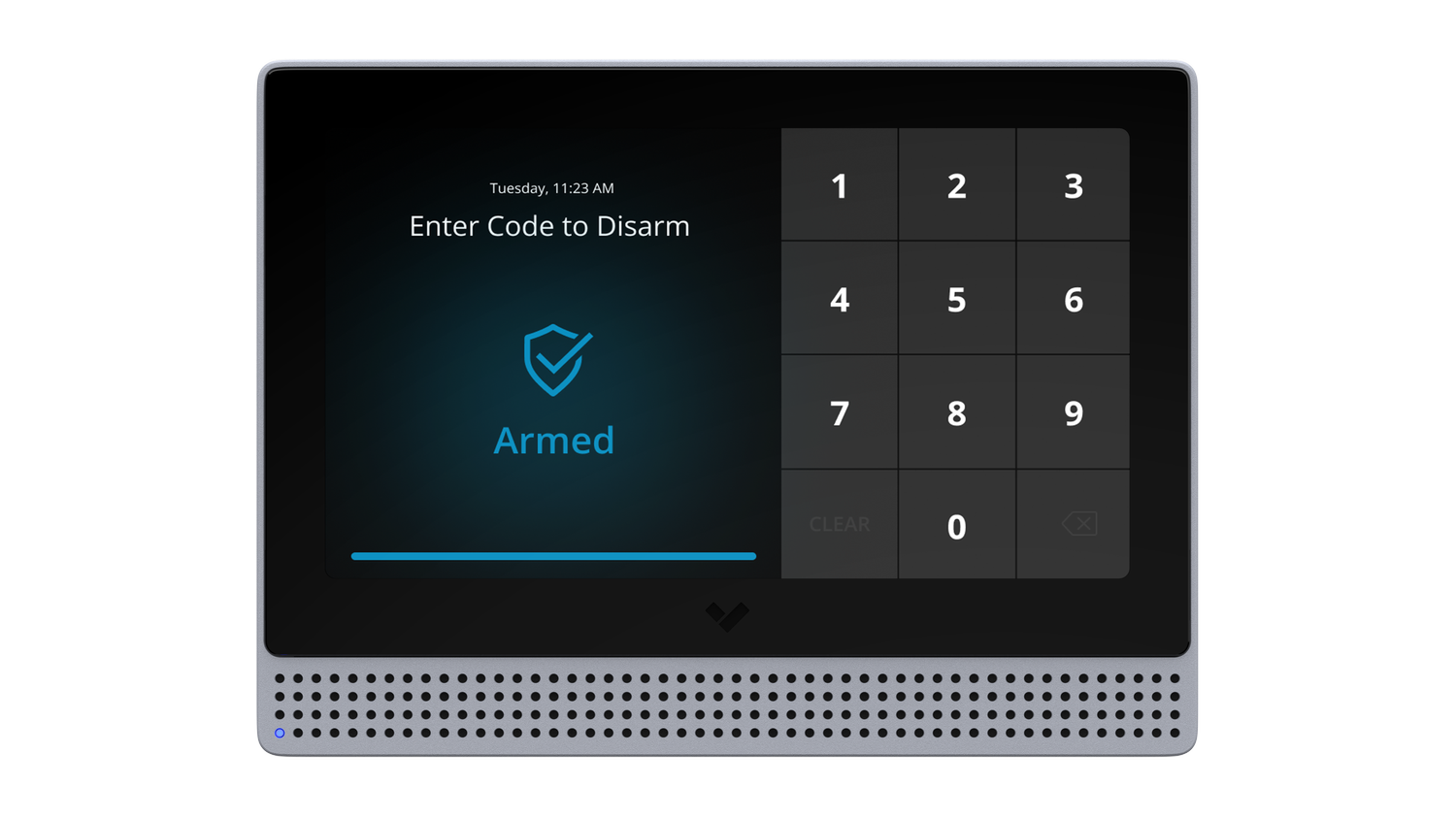 A digital security panel with a touchscreen displaying a code entry screen and the word "Armed" in blue, with a numerical keypad on the right side.