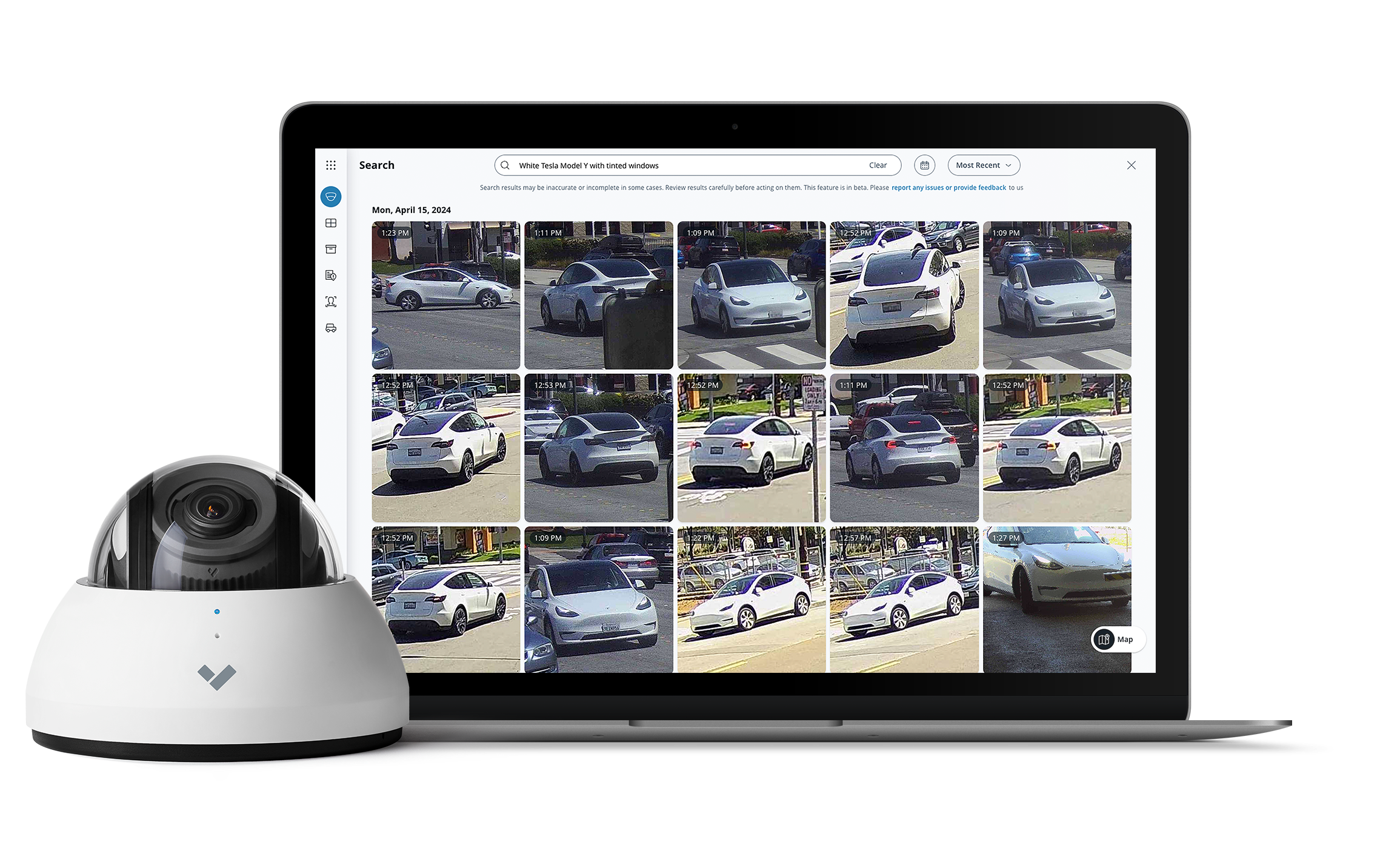 A security camera and a digital screen showing multiple images of parked cars.