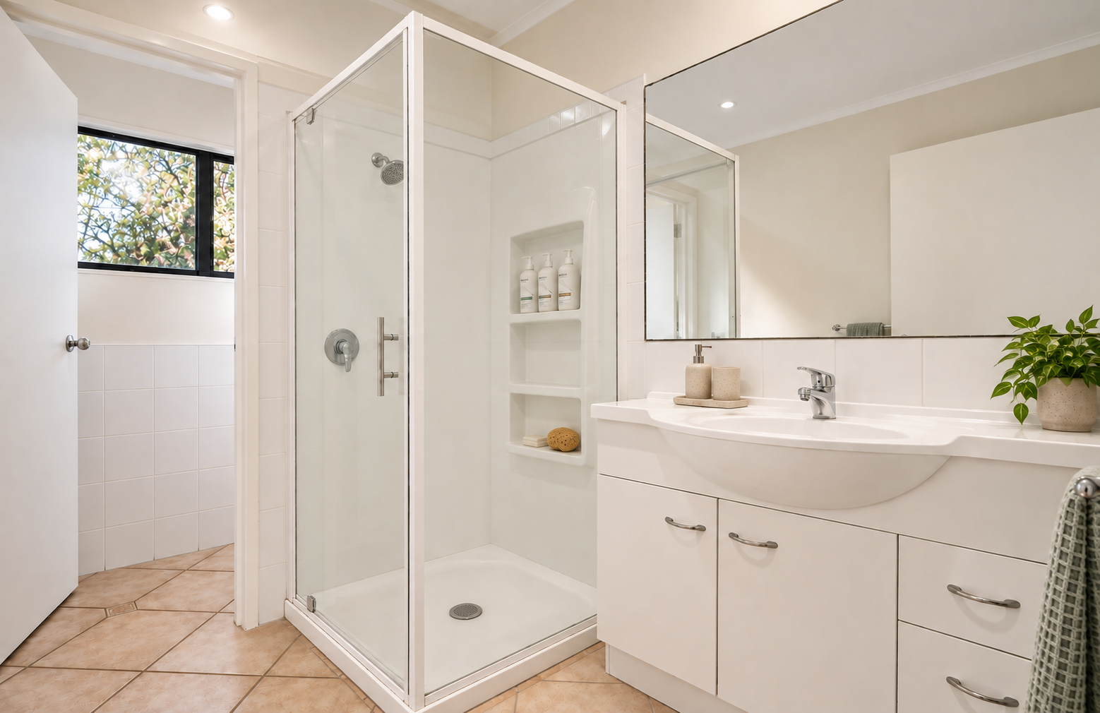 A clean, modern bathroom with a glass shower enclosure, white vanity with a large mirror, a potted plant on the sink, and a window showing outdoor trees.