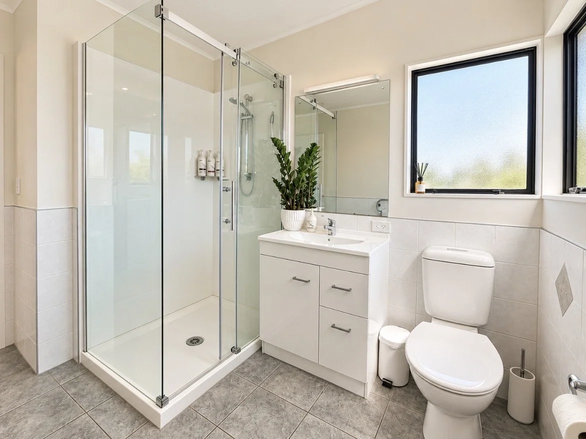 Bathroom with glass shower enclosure, white vanity with potted plant, toilet, large window, and mirror.