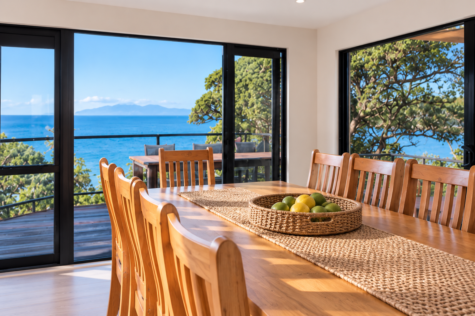 Dining room with large windows overlooking ocean and trees, wooden dining table with a woven runner, basket of lemons and limes, outdoor balcony with patio furniture.