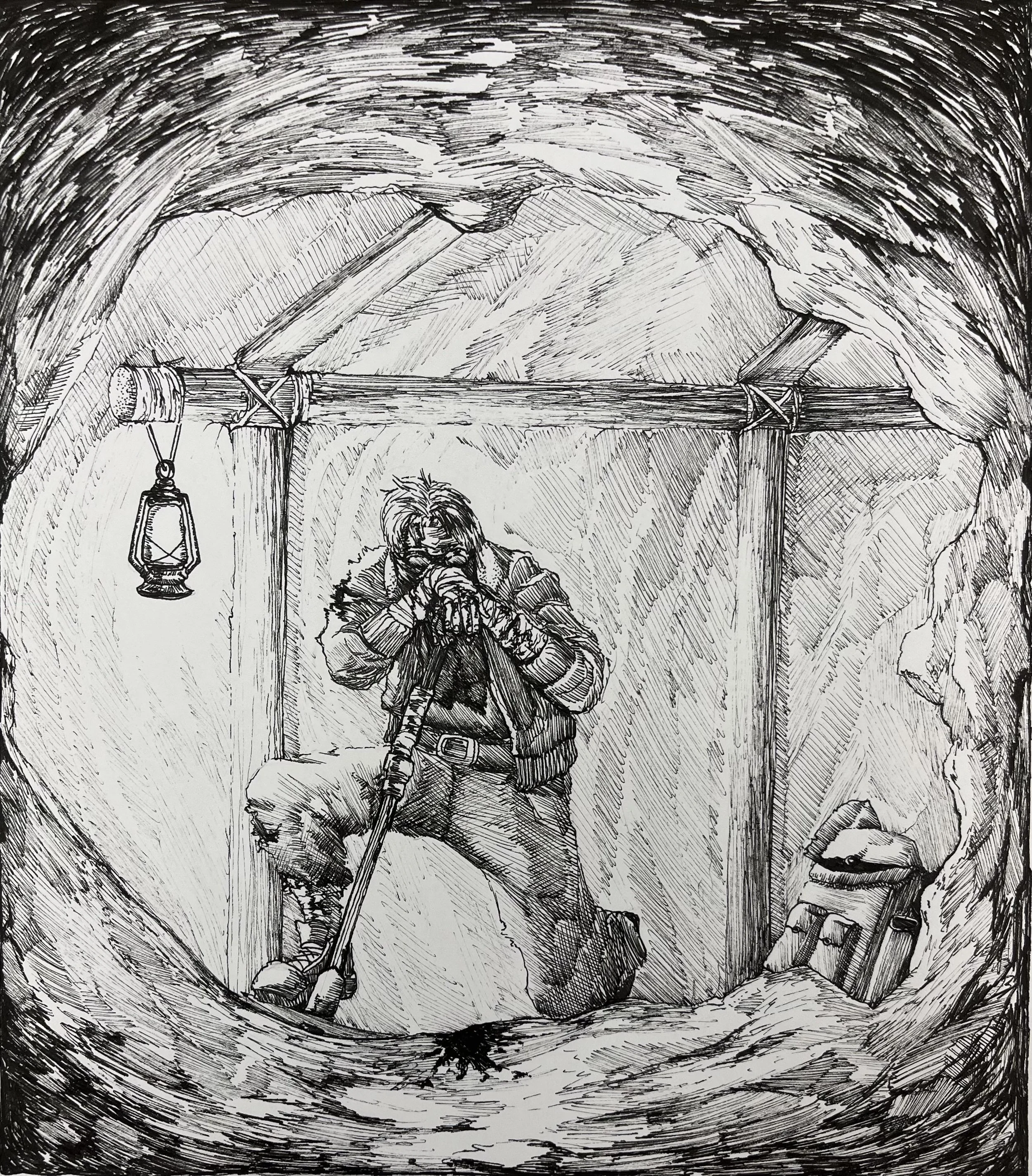 End of Shift, 2024, Ink on Paper, 9x9 in.