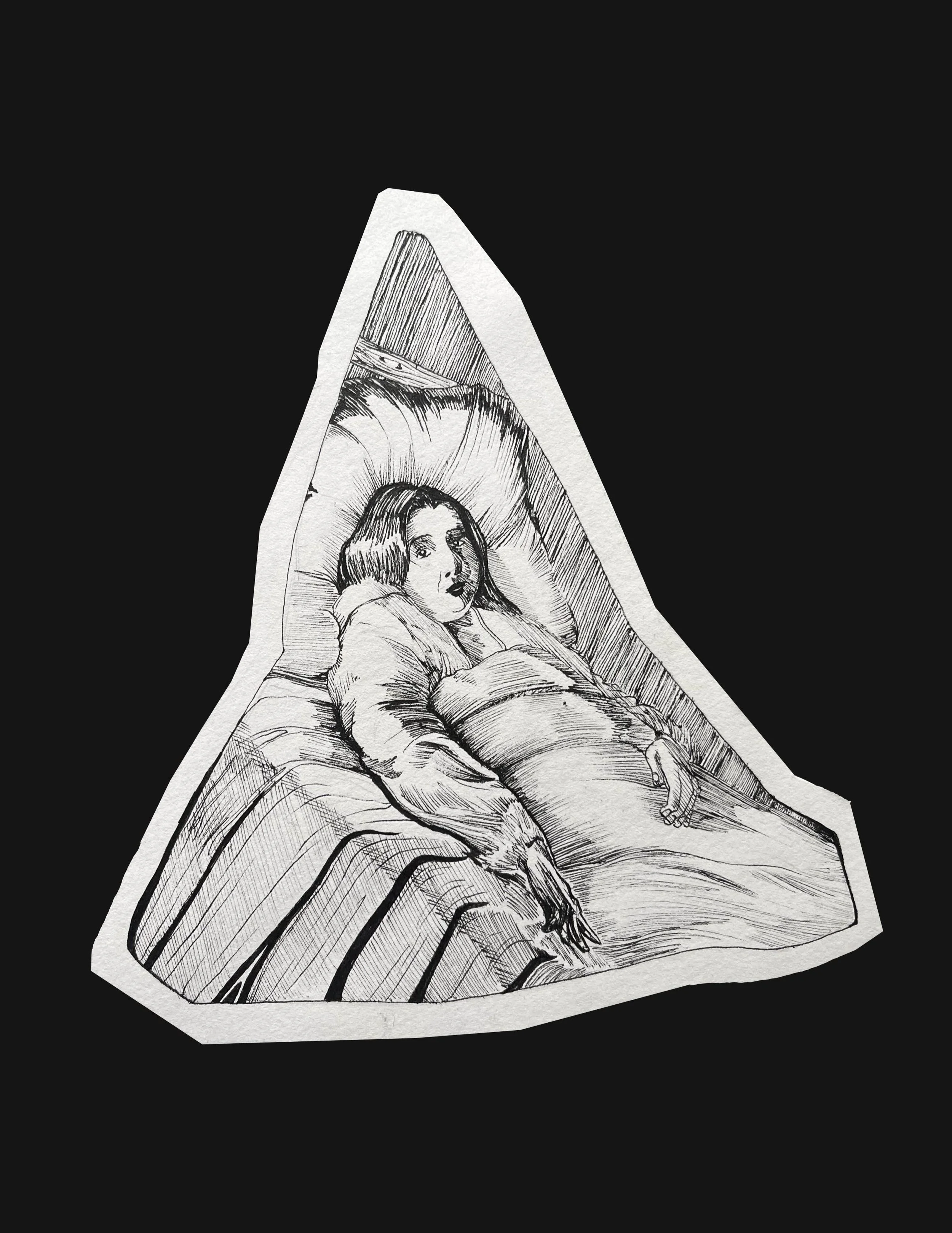 Dying Mother, 2025, Ink on Paper, (10 panels, varying 6 to 18 inches in length / width.) 