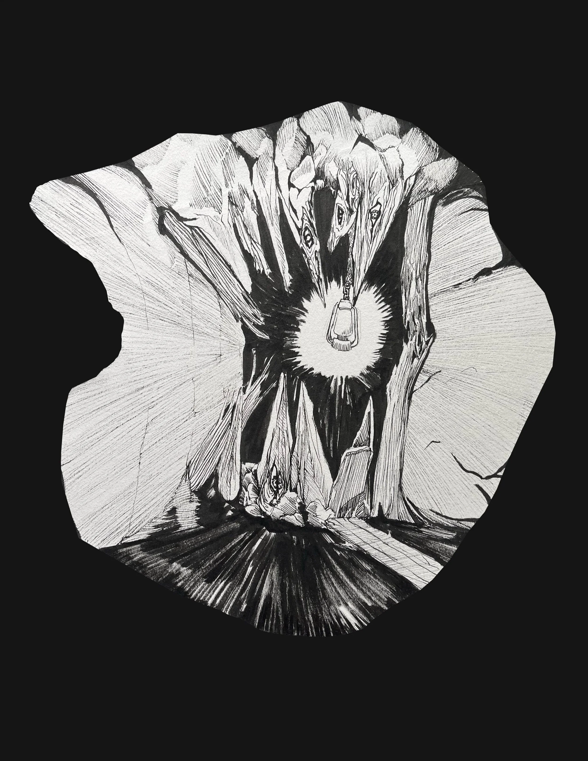 Hungering Mines, 2025, Ink on Paper, (10 panels, varying 6 to 18 inches in length / width.) 
