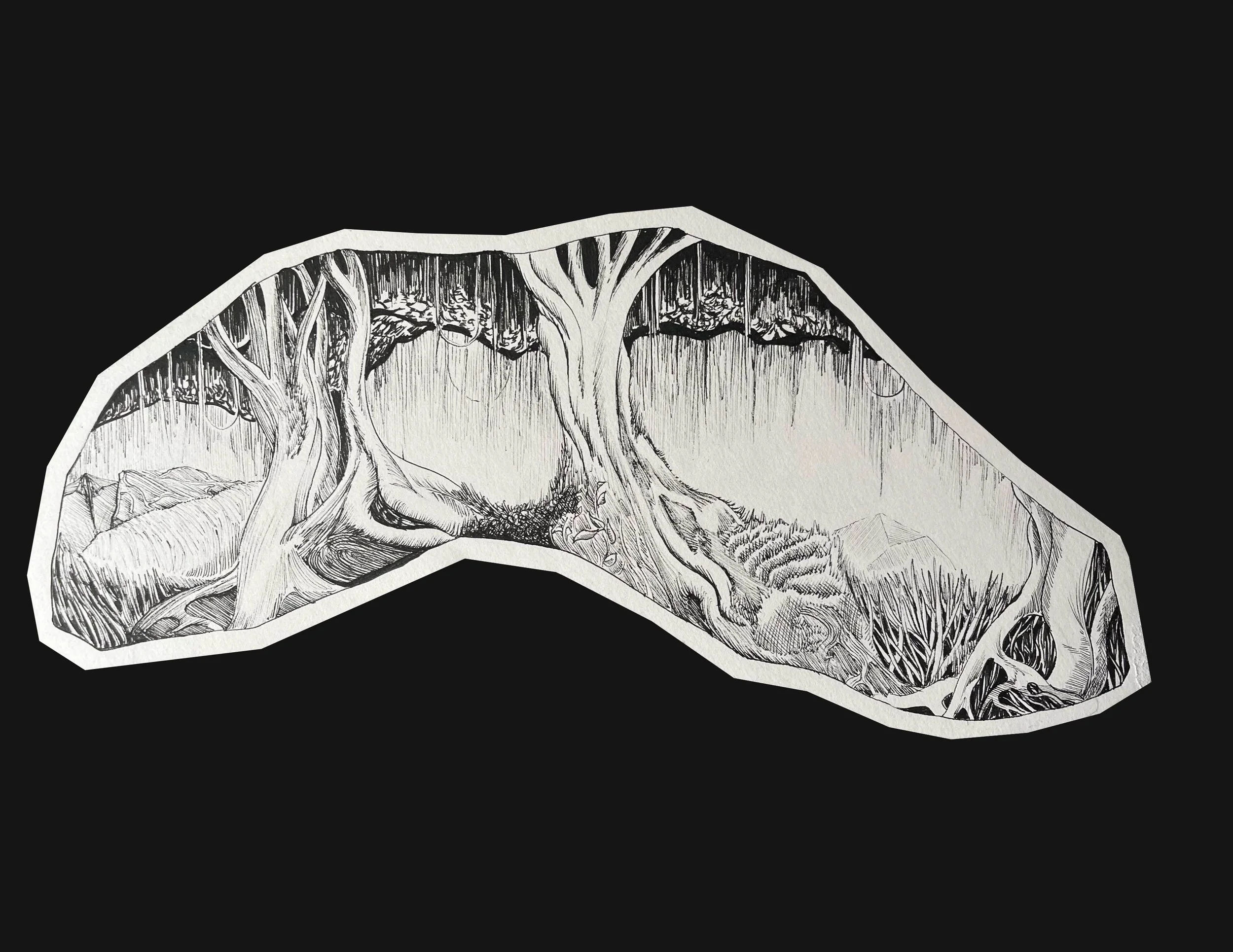 Island Jungles, 2025, Ink on Paper, (10 panels, varying 6 to 18 inches in length / width.) 