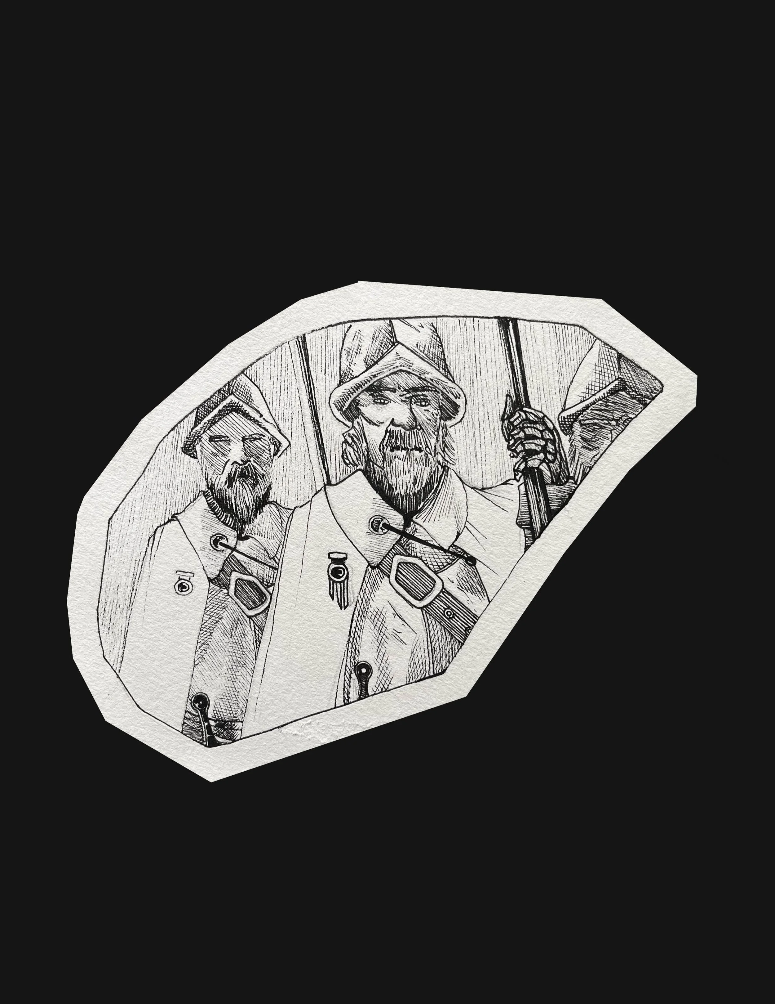 Guard Duty, 2025, Ink on Paper, (10 panels, varying 6 to 18 inches in length / width.) 