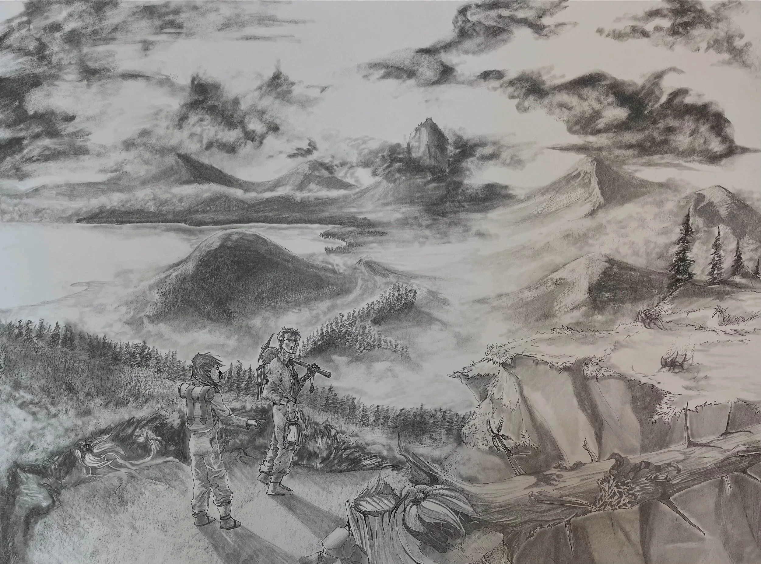 Questioning the Sublime, 2025, Charcoal, Graphite, and Ink on Paper, 18x24 in.