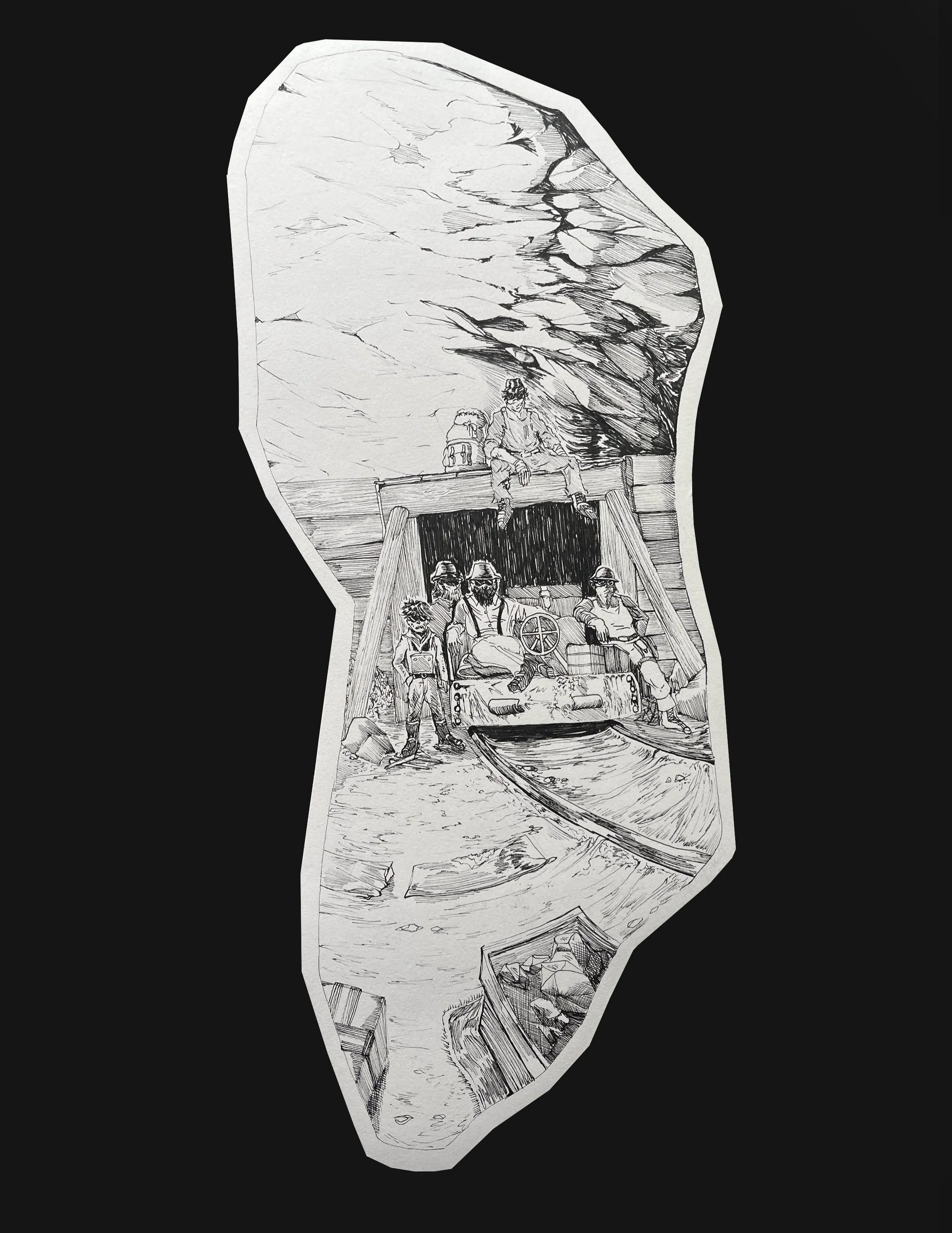 Mine Entrance, 2025, Ink on Paper, (10 panels, varying 6 to 18 inches in length / width.) 