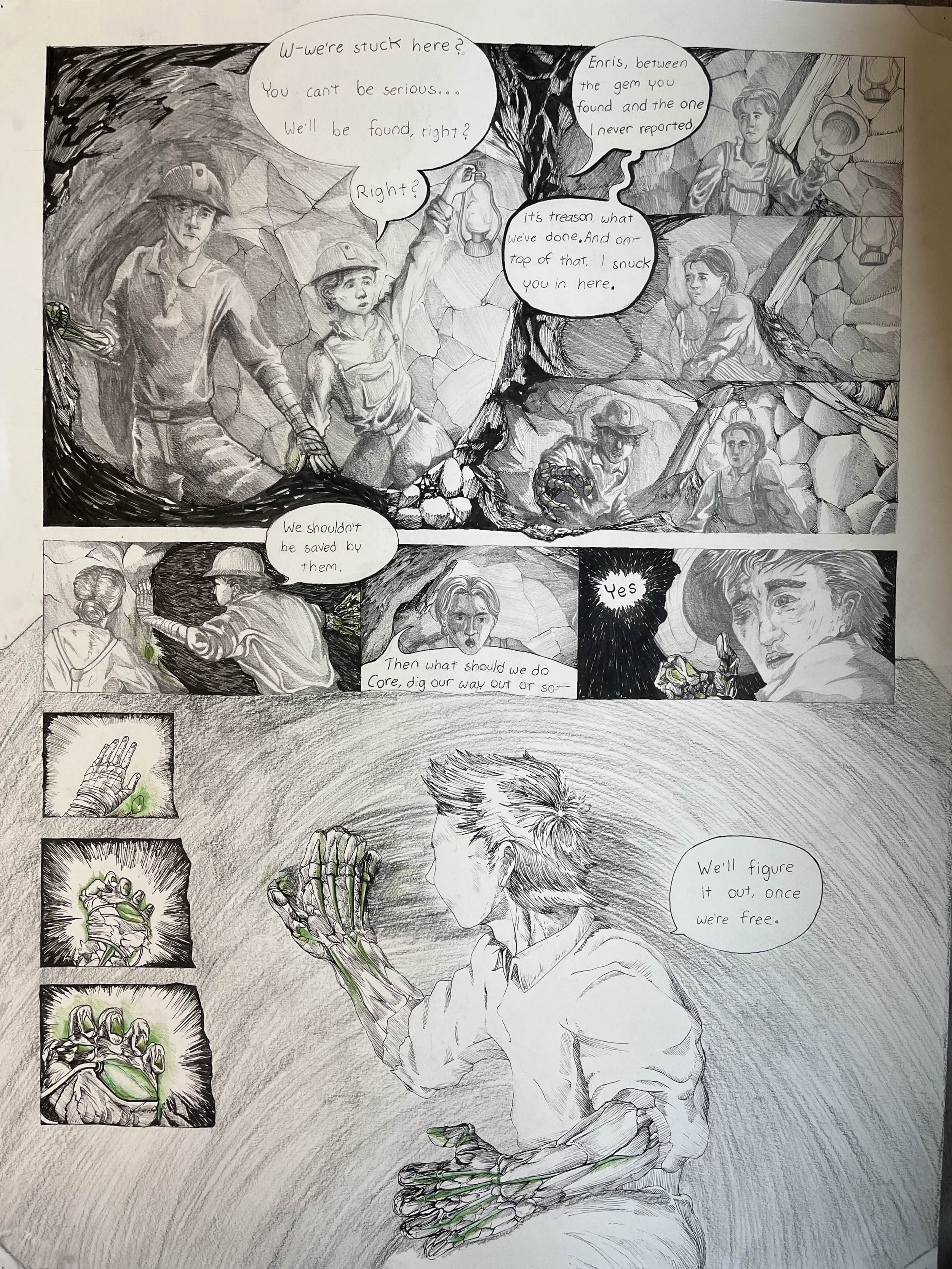 Comic Page Test, 2025, Charcoal, Graphite, and Ink on Paper, 18x24 in.