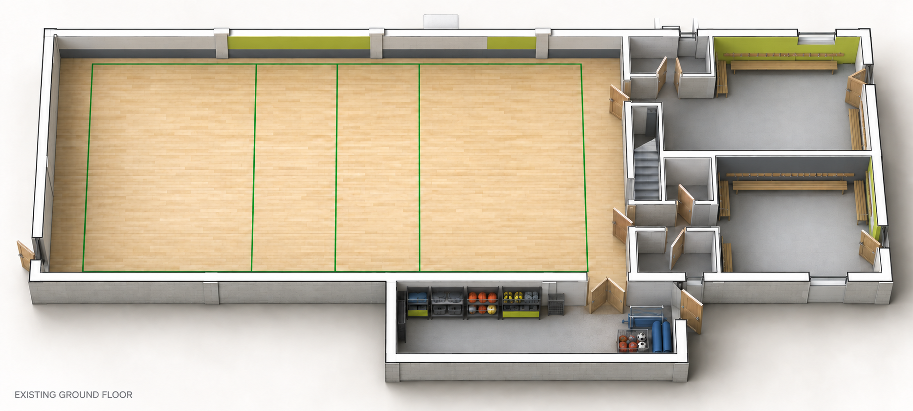 Floor plan of an existing gymnasium with a large central sports court, storage area with sports equipment, and locker rooms with benches.
