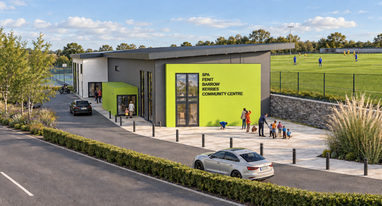 Modern community center building with a bright green front wall displaying black text, surrounded by a parking lot with a few cars, and a green space with trees and a soccer field in the background. People are walking and gathering outside, and some children are playing.