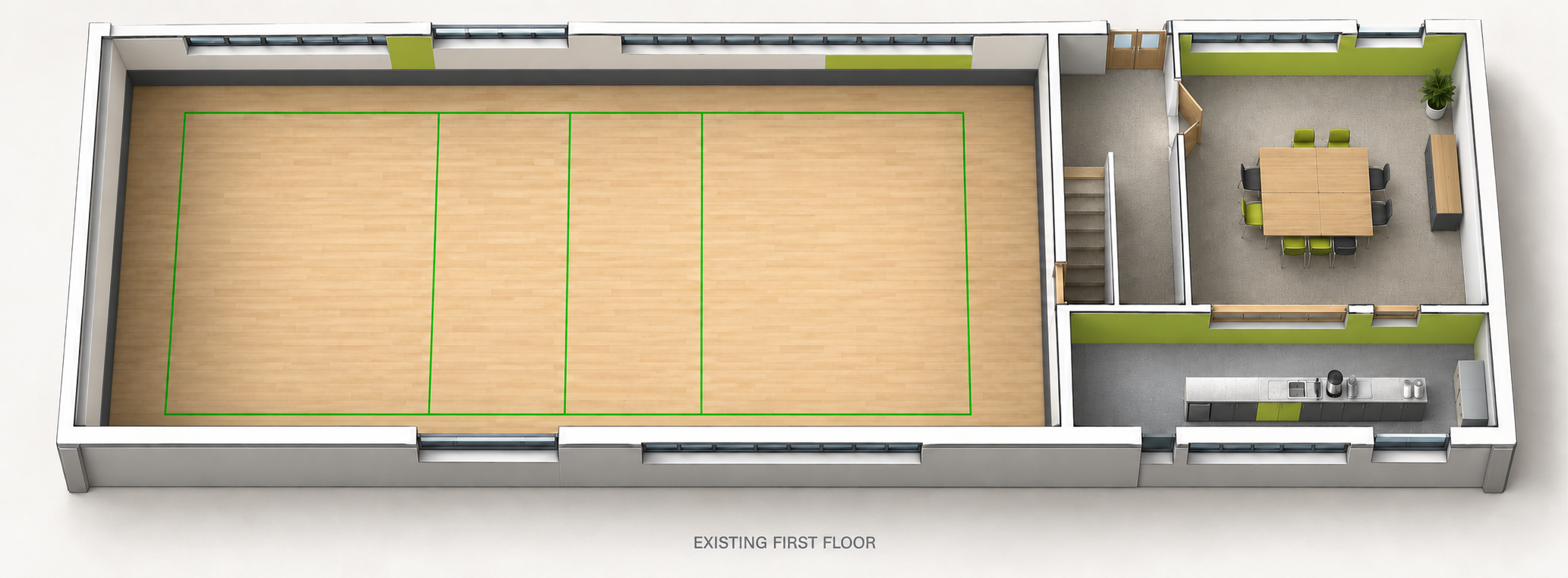 Floor plan of the first floor, showing a large gymnasium with wooden flooring marked with green lines, adjacent to a small meeting room with a table and chairs, a kitchenette, and staircase.
