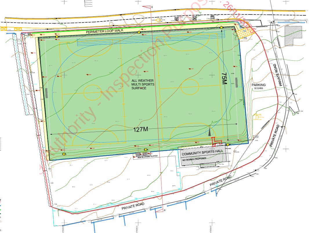Site plan of a sports field with a surrounding perimeter loop walk, parking area, community sports hall, and various boundary lines and topographical contour lines.
