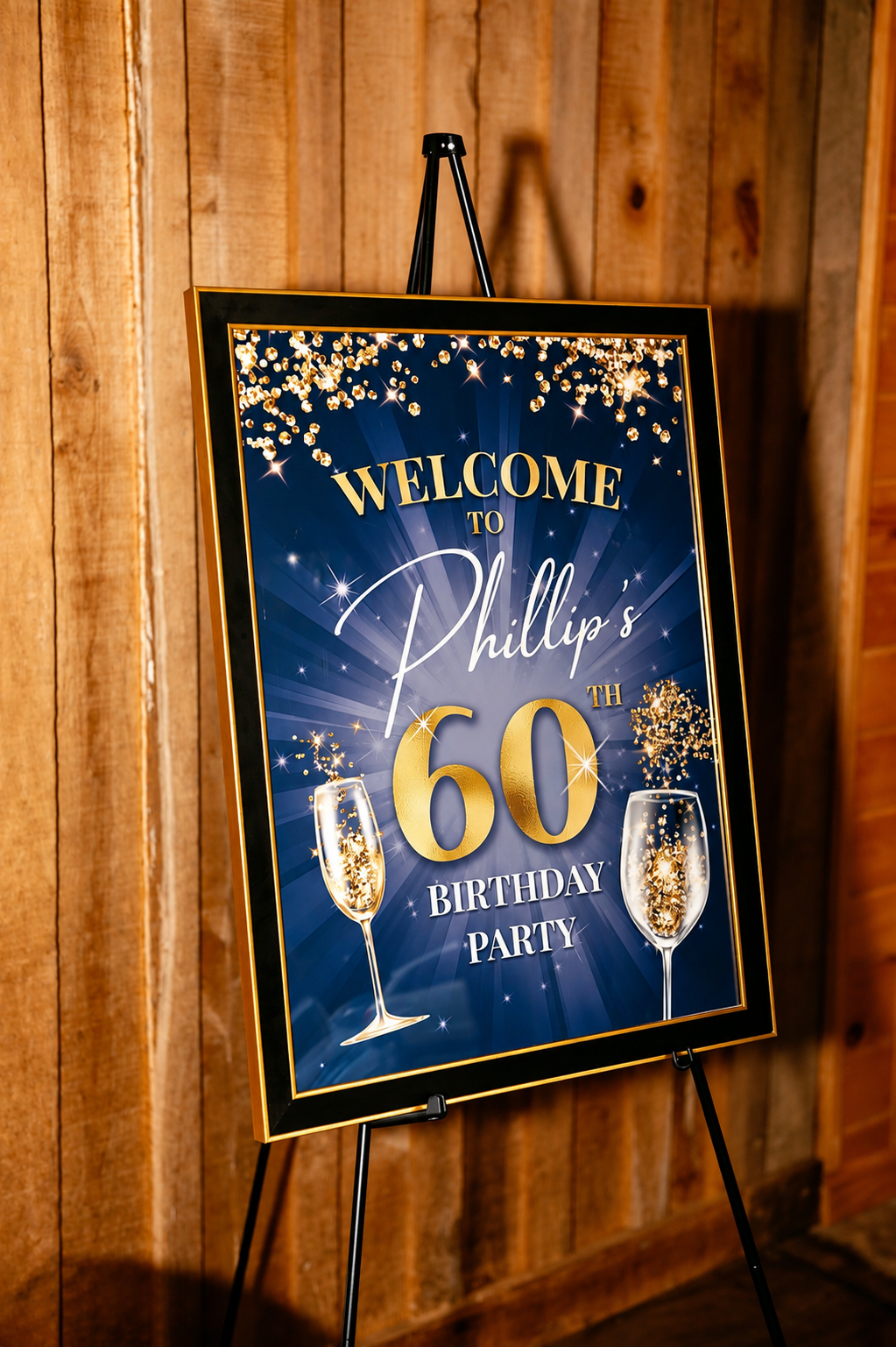 Personalized welcome signage for an elegant 60th birthday celebration.