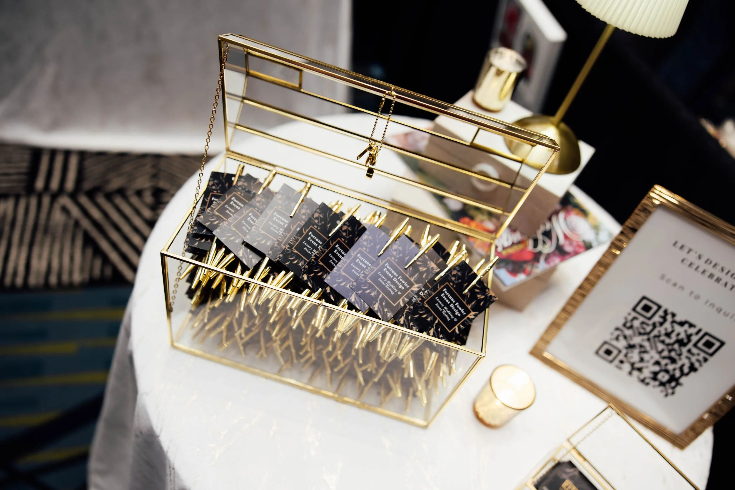 Branded event display with custom marketing details and elevated corporate event styling.