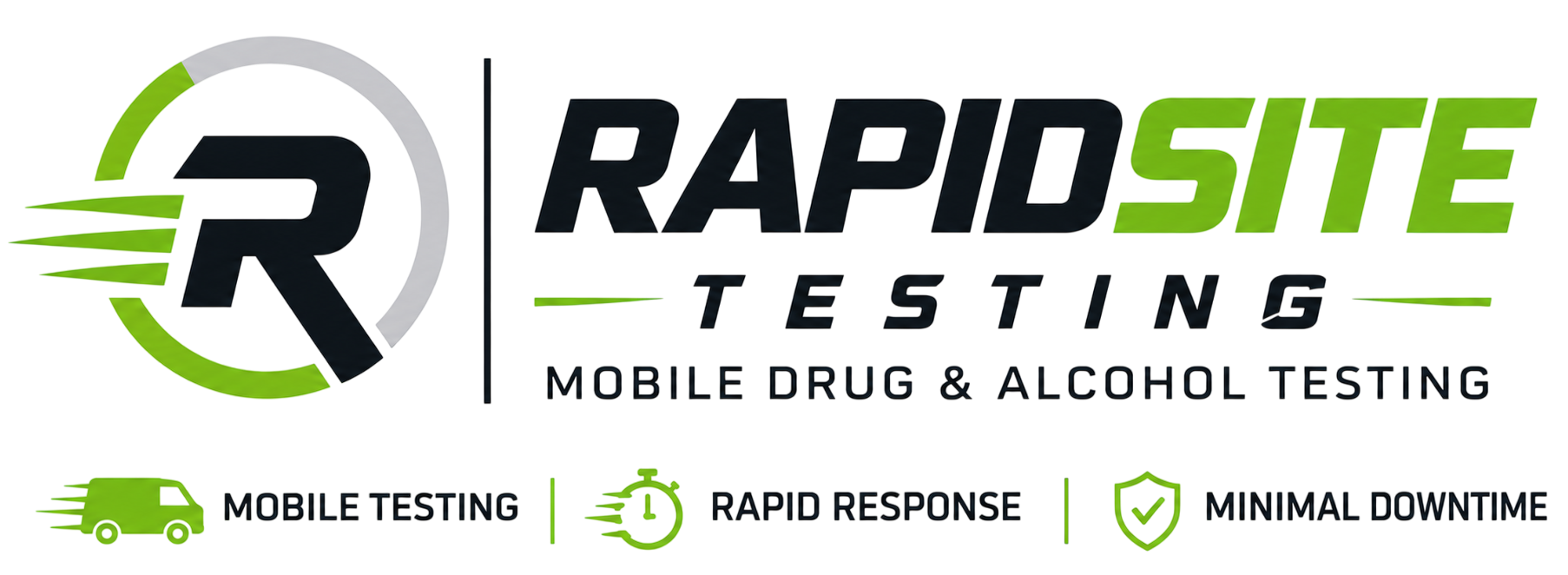 Logo for RapIDSite Testing, a mobile drug and alcohol testing service, featuring a circular emblem with a bold 'R' and green speed lines, alongside icons representing mobile testing, rapid response, and minimal downtime.