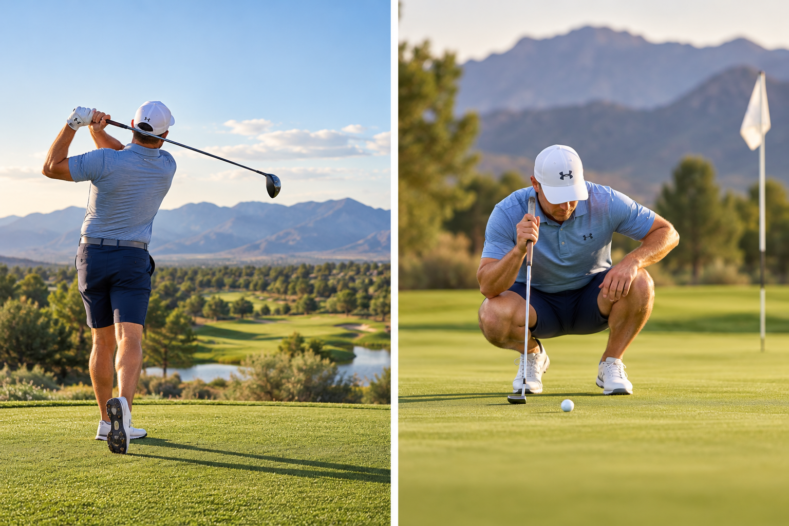A man playing golf on a scenic course with mountains in the background; in the left image, he is swinging a golf club, and in the right image, he is crouching near the hole, preparing to putt.
