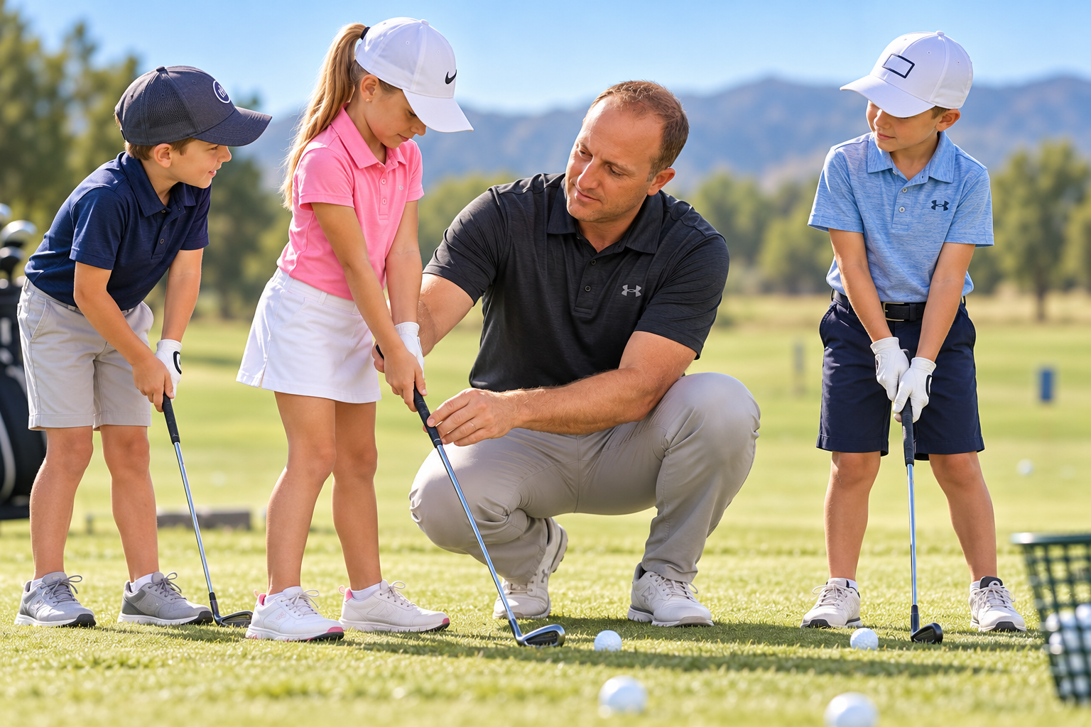 A man teaching three children how to play golf on a sunny day at a golf course.