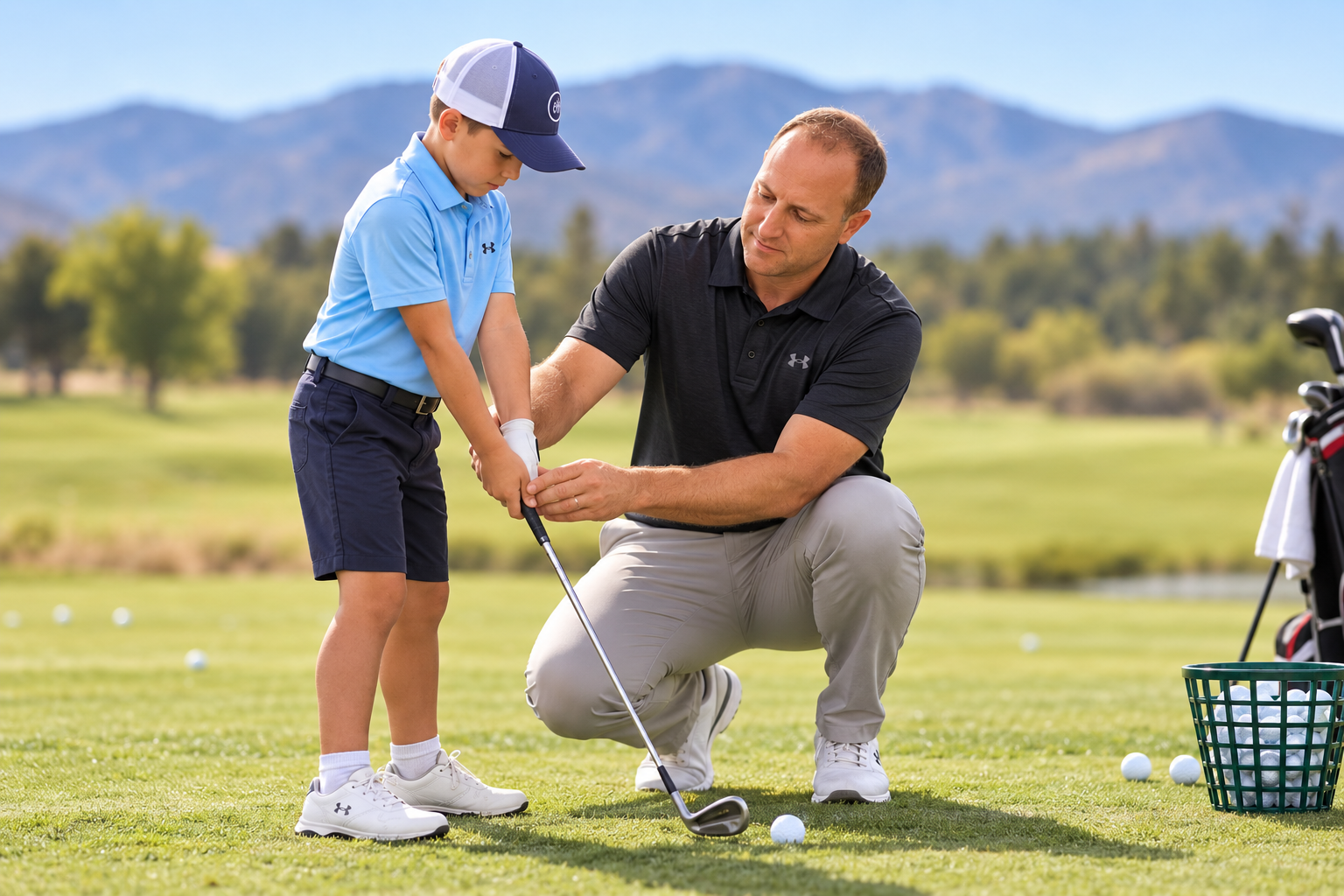 A man coaching a young boy on golf swings on a golf course with mountains in the background.