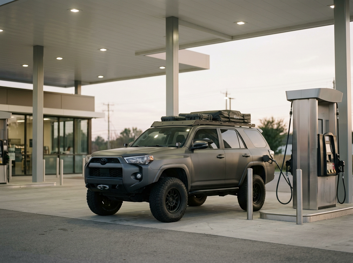 A gray Toyota 4Runner parked at a gas station, connected to the pump for refueling, with a roof cargo bag on top of the vehicle.