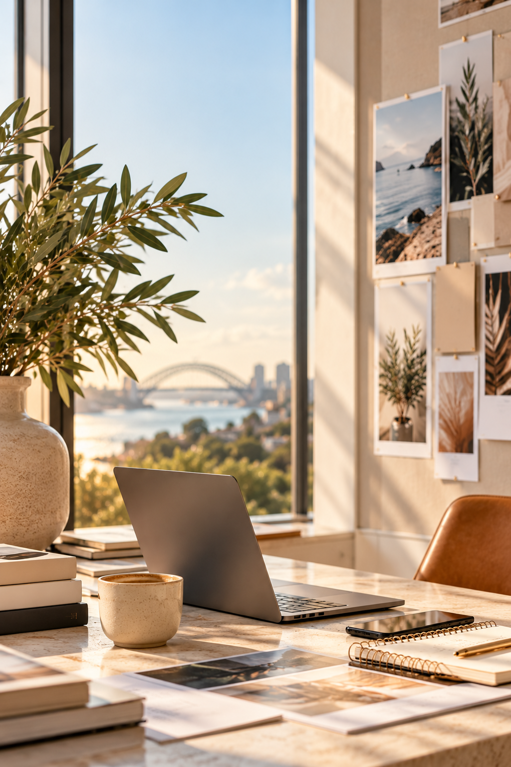 Modern desk in a bright room with large window showing a cityscape and bridge, decorated with books, a laptop, a cup, and wall art.