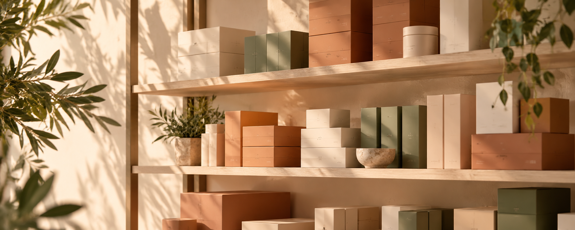 Wooden shelves with various colored boxes and pots, sunlight casting shadows on a beige wall, greenery on the side.