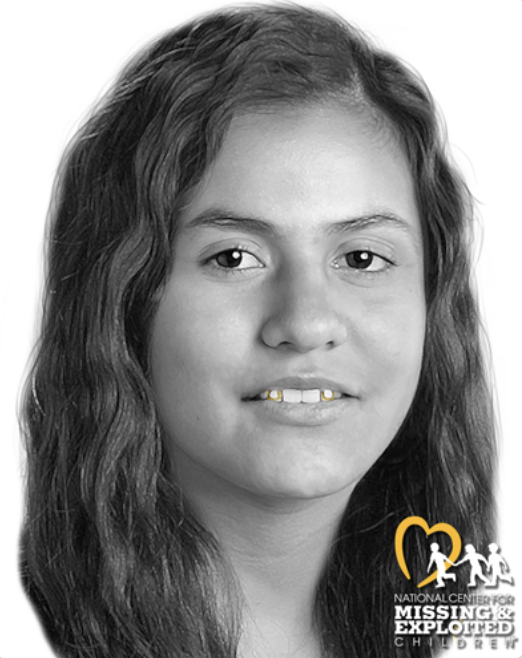Black and white portrait of a young girl with long hair, smiling slightly, with a logo for the National Center for Missing & Exploited Children in the bottom right corner.