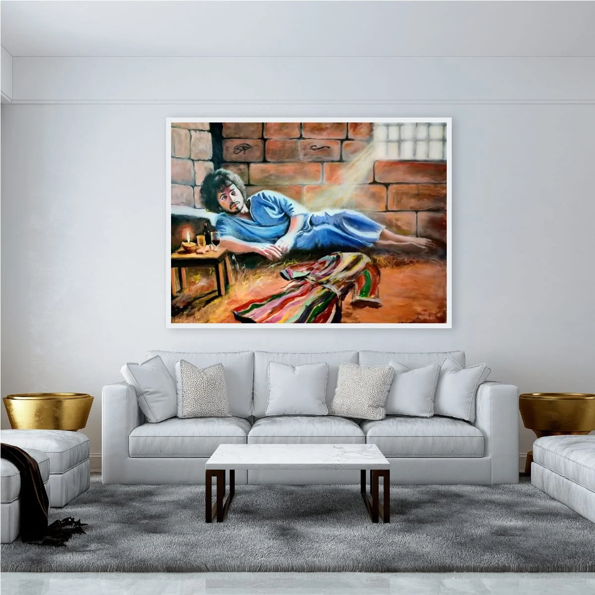 A modern living room with white sofa, pillows, a marble coffee table, and a large painting of a biblical scene on the wall.