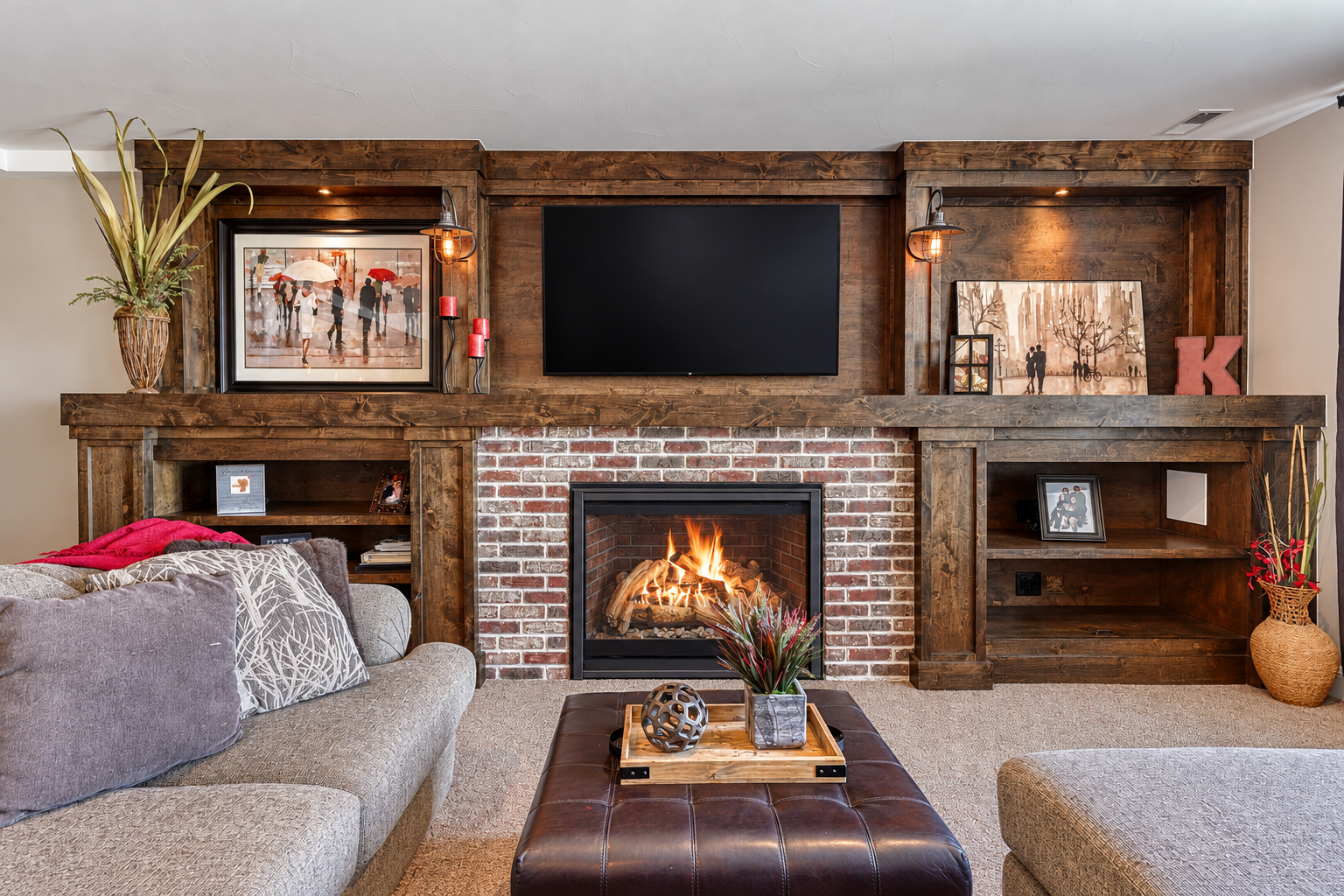 Rustic living room with fireplace wall