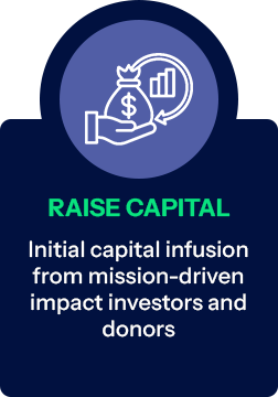 Graphic showing a hand holding a bag of money with a dollar sign, a rising bar chart, and arrows, representing raise capital. Text promotes initial capital infusion from mission-driven impact investors and donors.