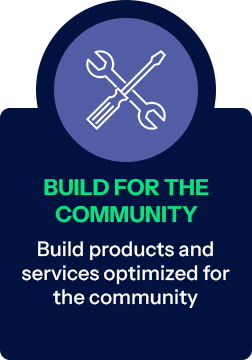 Icon of tools above the heading "Build for the Community" with the caption "Build products and services optimized for the community"