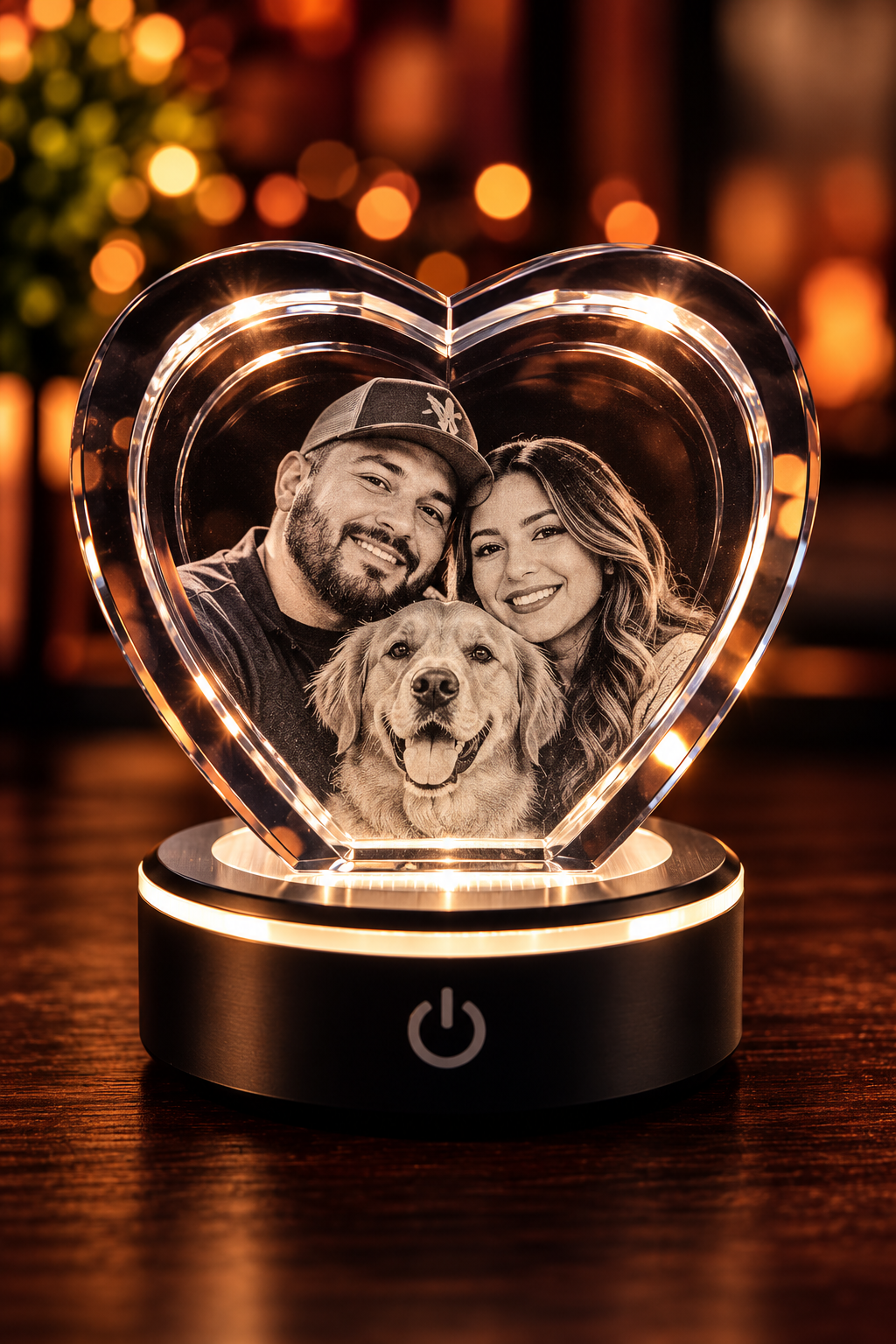 A heart-shaped illuminated LED display with a black-and-white photo of a smiling couple and a happy golden retriever inside, placed on a circular base with a power button, against a blurred warm background.