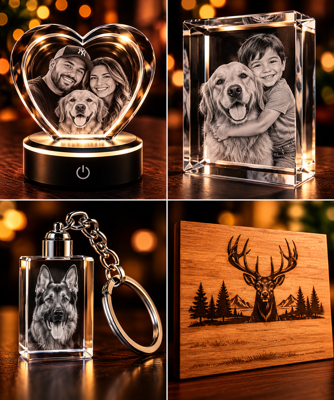 Collage of four pet-themed decorative items: a heart-shaped illuminated photo frame with a couple and their dog, a glass frame with a child's photo and dog, a keychain with a German shepherd photo, and a wooden plaque with a engraved deer and mountain scene.