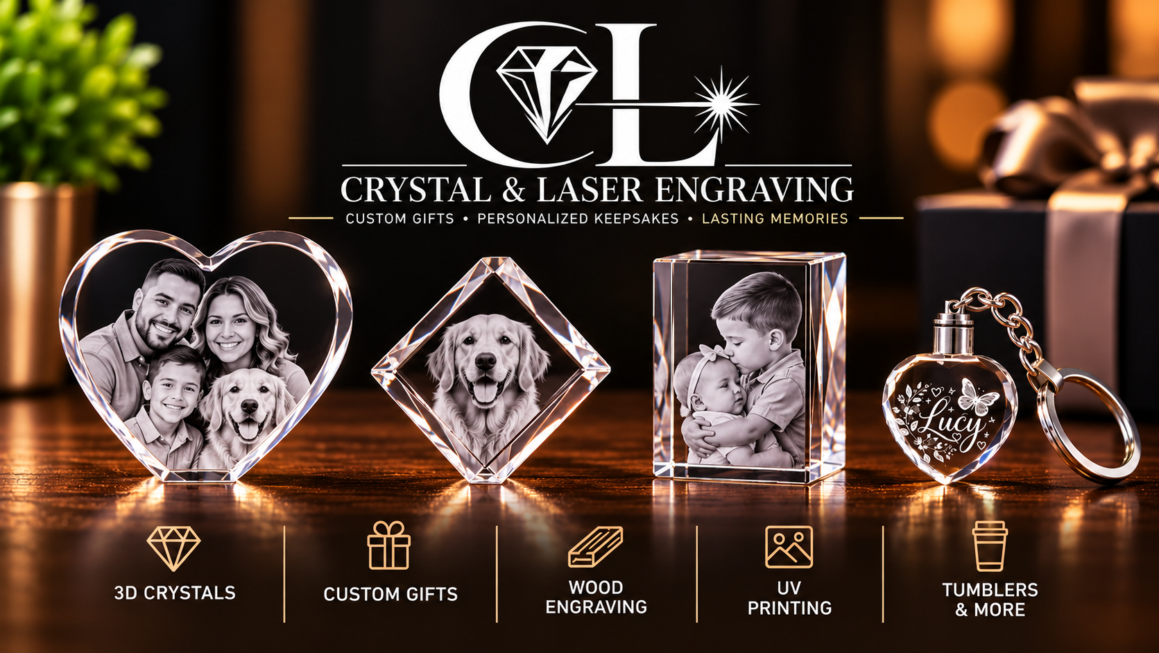 Display of personalized crystal gifts, including 3D engraved photo crystals of a family and a dog, a rectangular crystal with a photo of a boy and girl, a heart-shaped keychain with the name "Lucy" and butterfly design, and a small rectangular box in the background, with icons and text indicating services such as 3D crystals, custom gifts, wood engraving, UV printing, and tumblers.