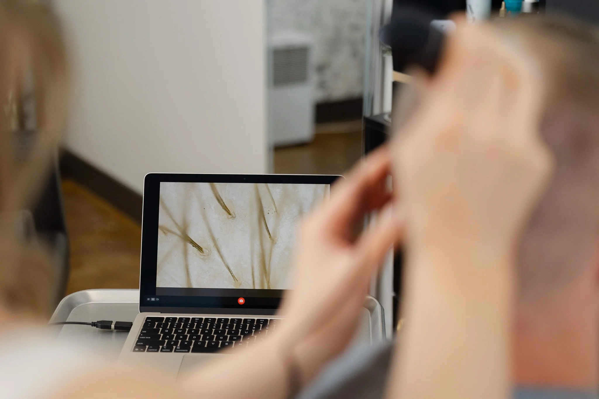 A close-up of a person taking a photo of a laptop with a tablet, displaying a nature scene with dried grass or plants, in an indoor setting with a blurred background.
