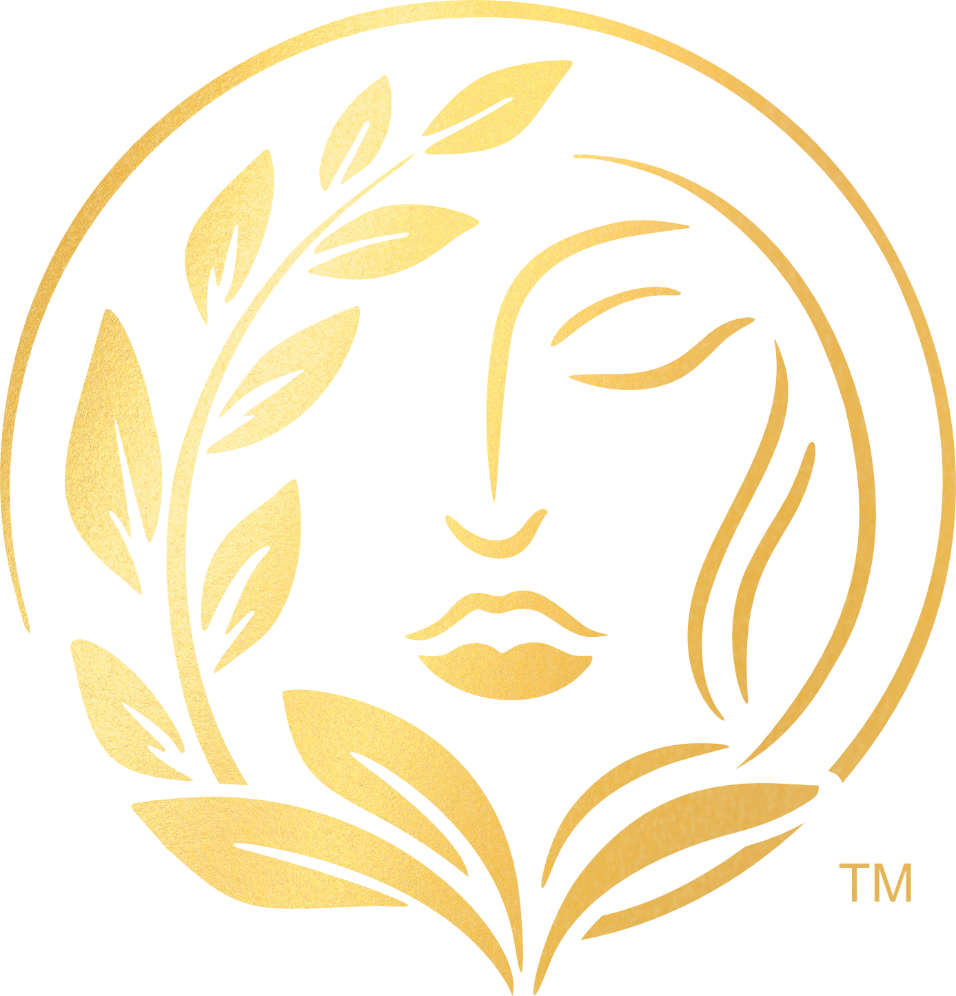 A golden logo with an ornate design featuring a leaf and curved decorative elements, with the trademark symbol adjacent to it.