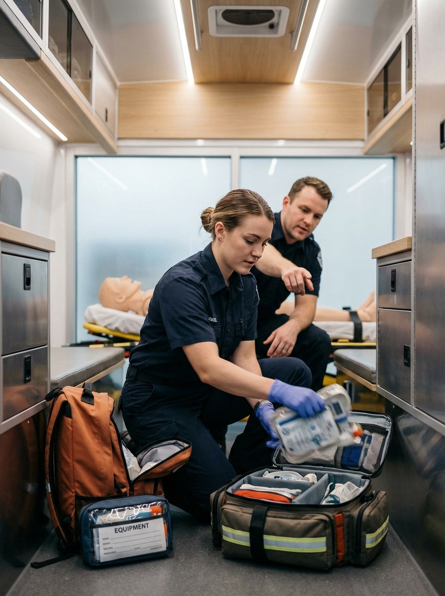 Emergency medical personnel organizing medical supplies inside an ambulance with a medical mannequin in the background. Get mobile CPR training