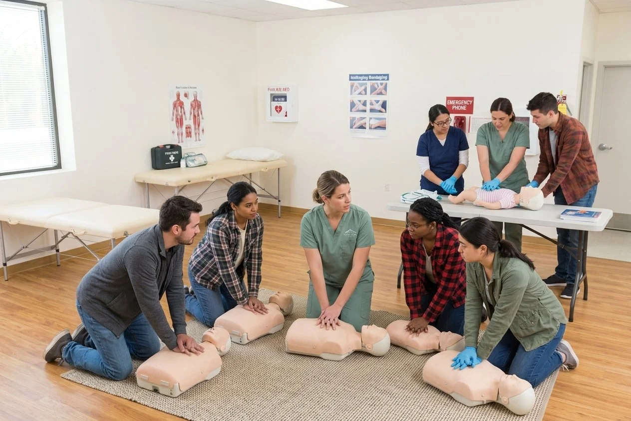 People participating in a CPR training class, Heartsaver CPR/AED, practicing chest compressions on mannequins in a classroom setting.