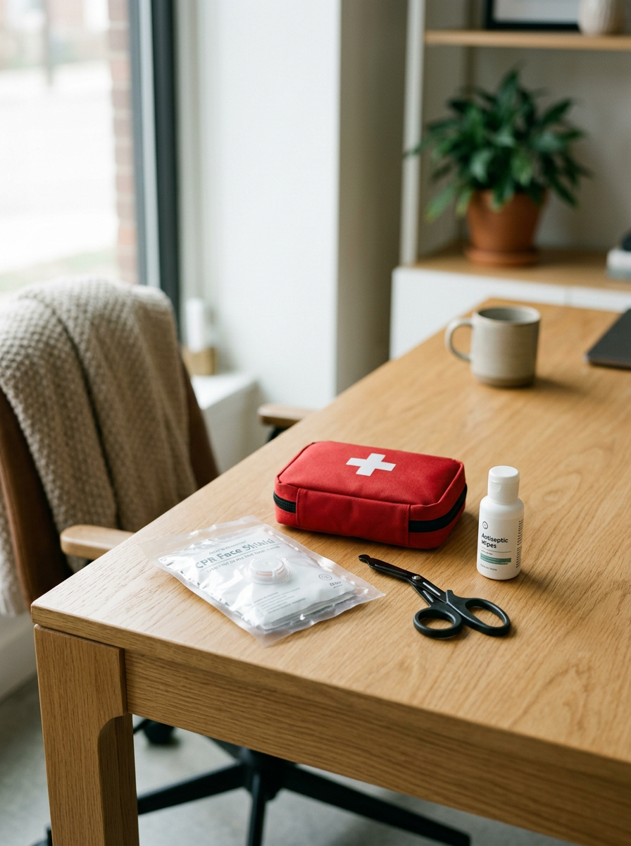 First aid kit, scissors, hand sanitizer, and face shield in packaging on a wooden table. Something you would see at the mobile CPR training offered by Silver Sage CPR.