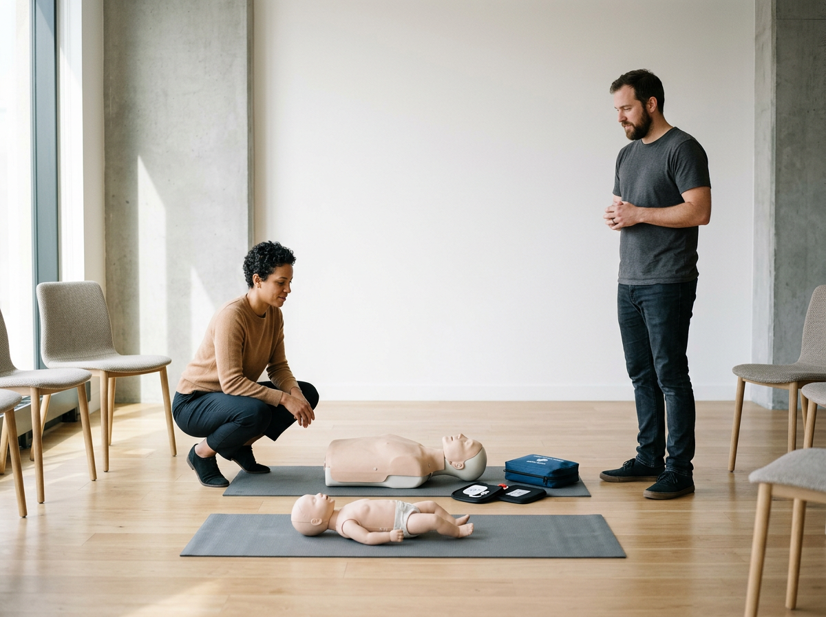 A CPR training session in a bright room with four chairs, a woman practicing CPR on a mannequin, a baby mannequin on a mat nearby, and a man observing. CPR supplies are on the floor.