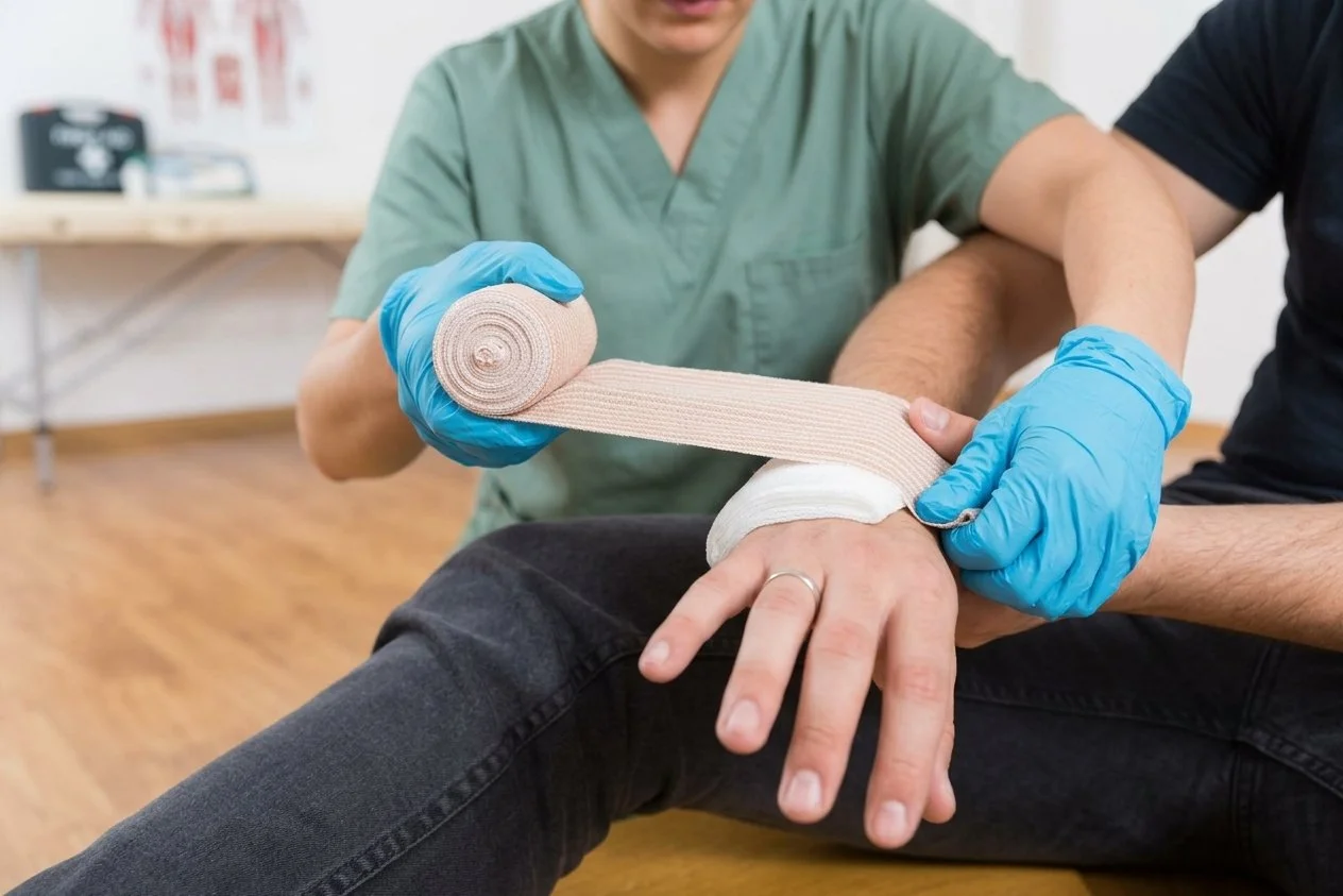 Healthcare professional wrapping a bandage around a patient's wrist in our Heartsaver First Aid CPR/AED class.
